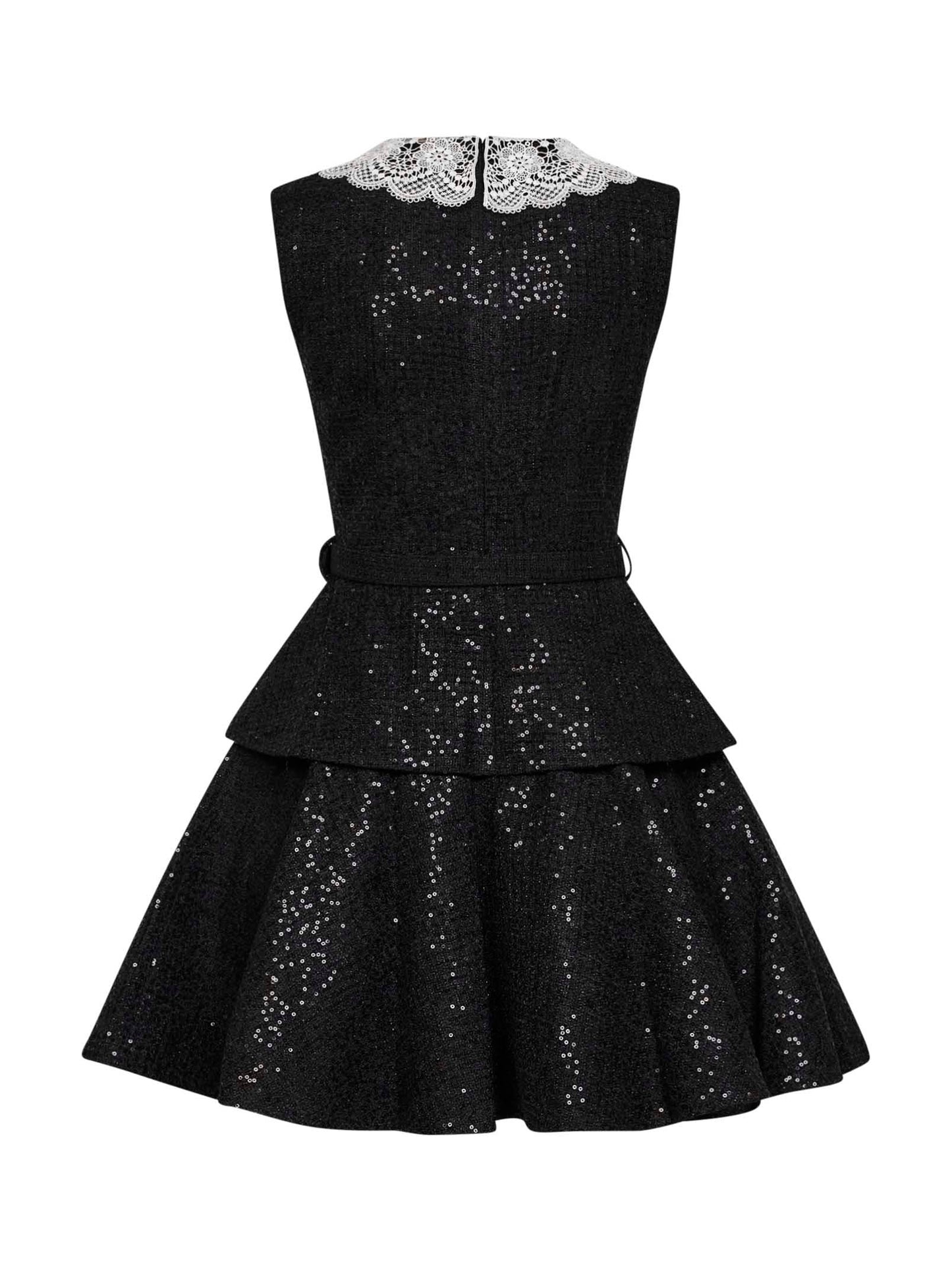 Self Portrait Women Black Sequin Bouclé Belted Peplum Mini Dress SELF-PORTRAIT