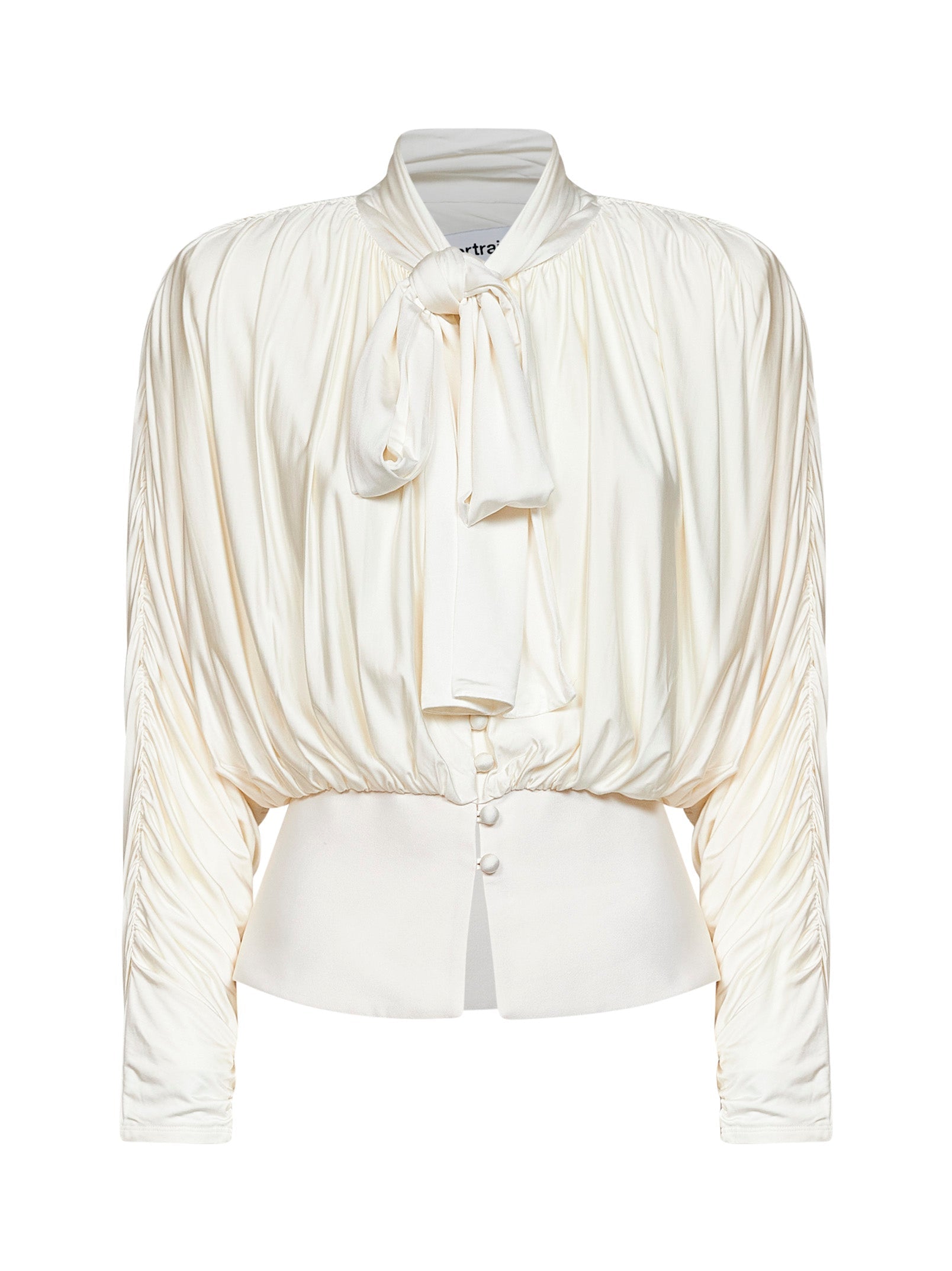 Self Portrait Women Cream Jersey Gathered Tie Neck Top SELF-PORTRAIT