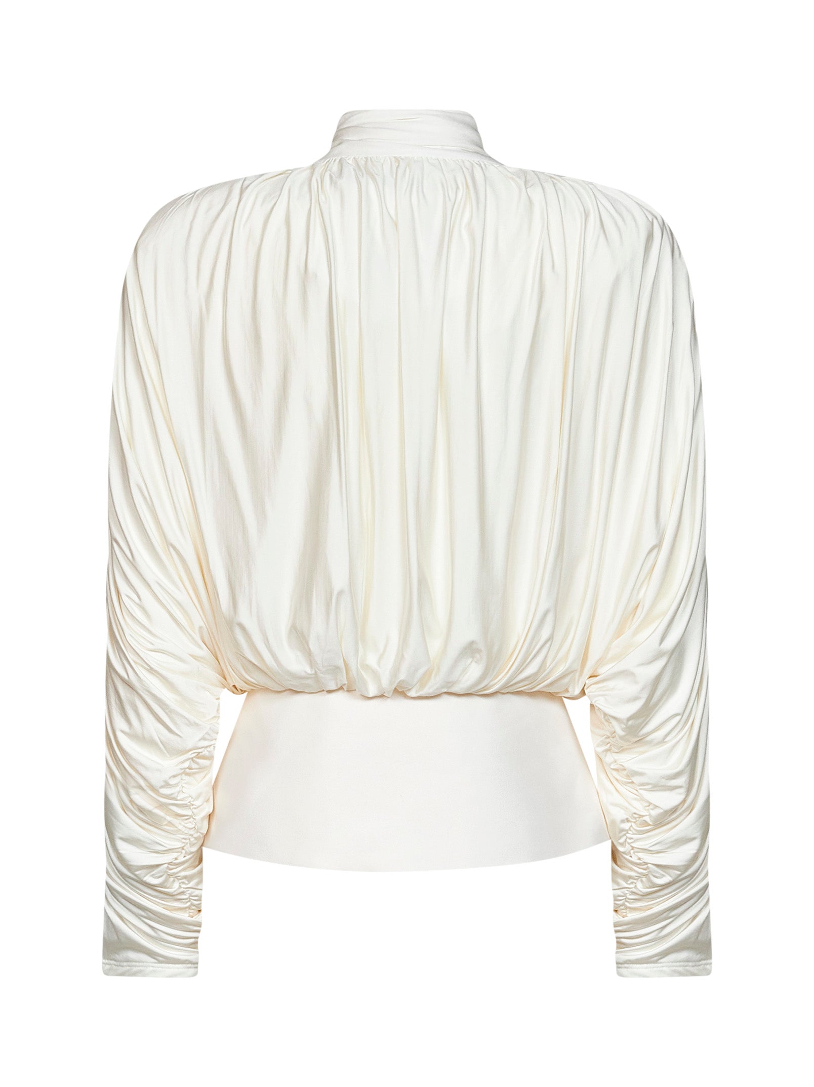 Self Portrait Women Cream Jersey Gathered Tie Neck Top SELF-PORTRAIT