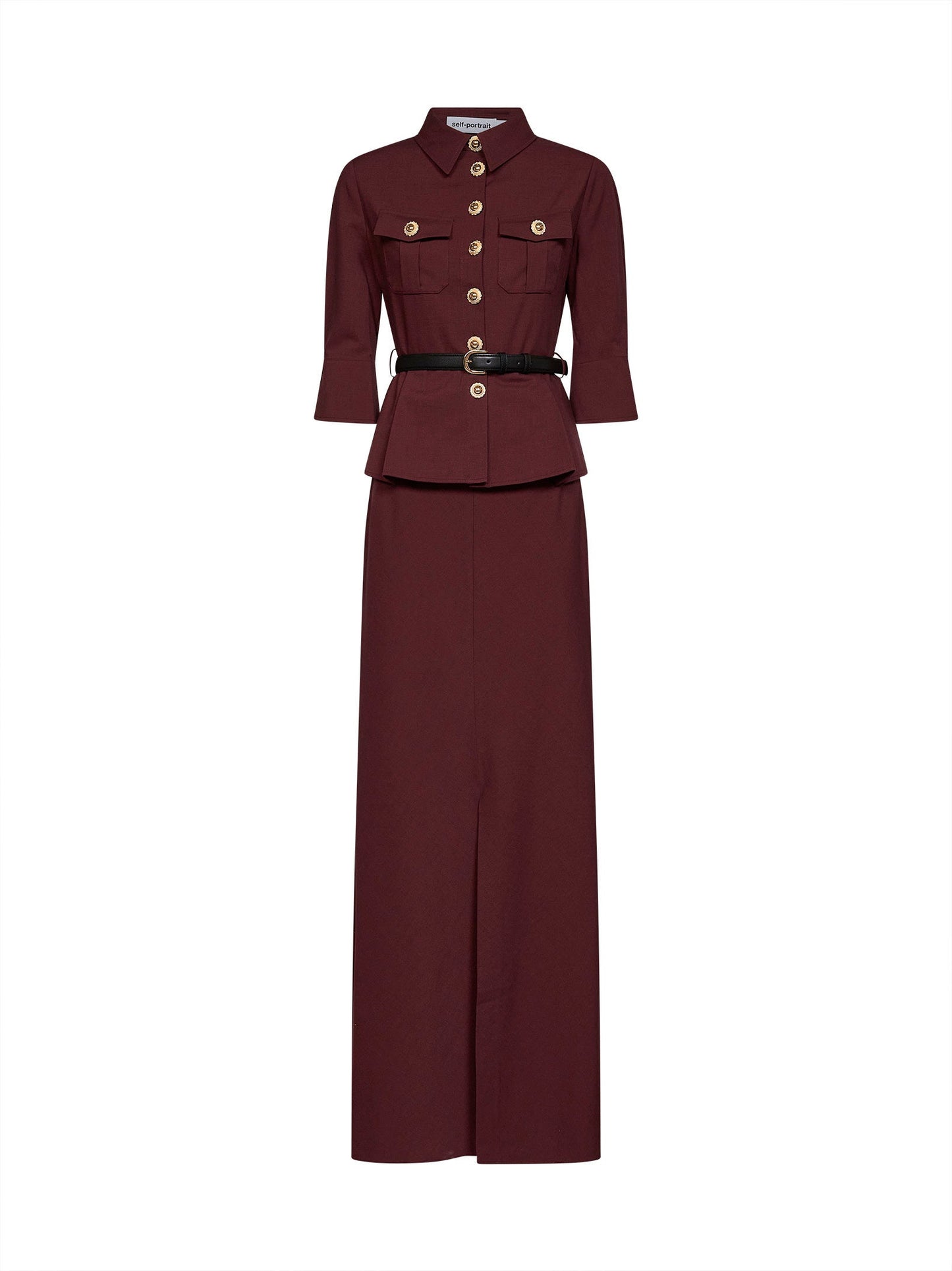 Self Portrait Women Brown Twill Belted Maxi Dress