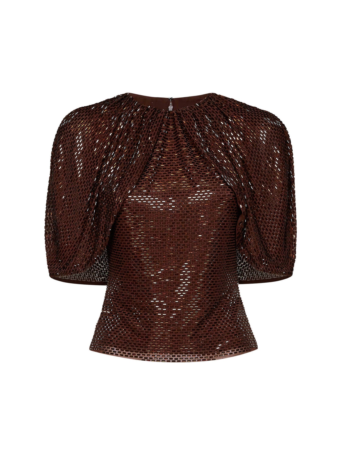 Self Portrait Women Brown Rhinestone-Embellished Tulle Top With Cape Sleeves SELF-PORTRAIT