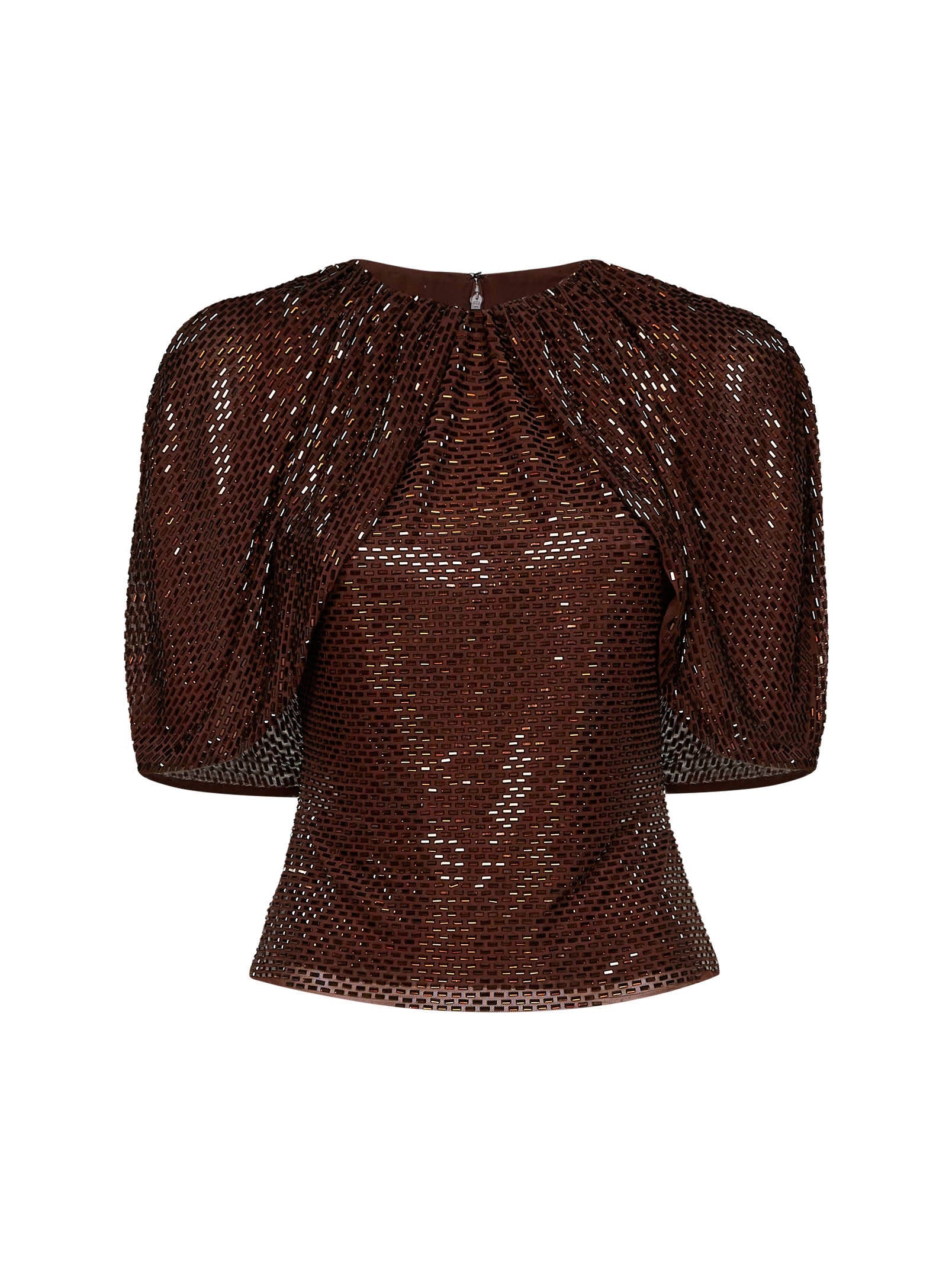 Self Portrait Women Brown Rhinestone-Embellished Tulle Top With Cape Sleeves SELF-PORTRAIT