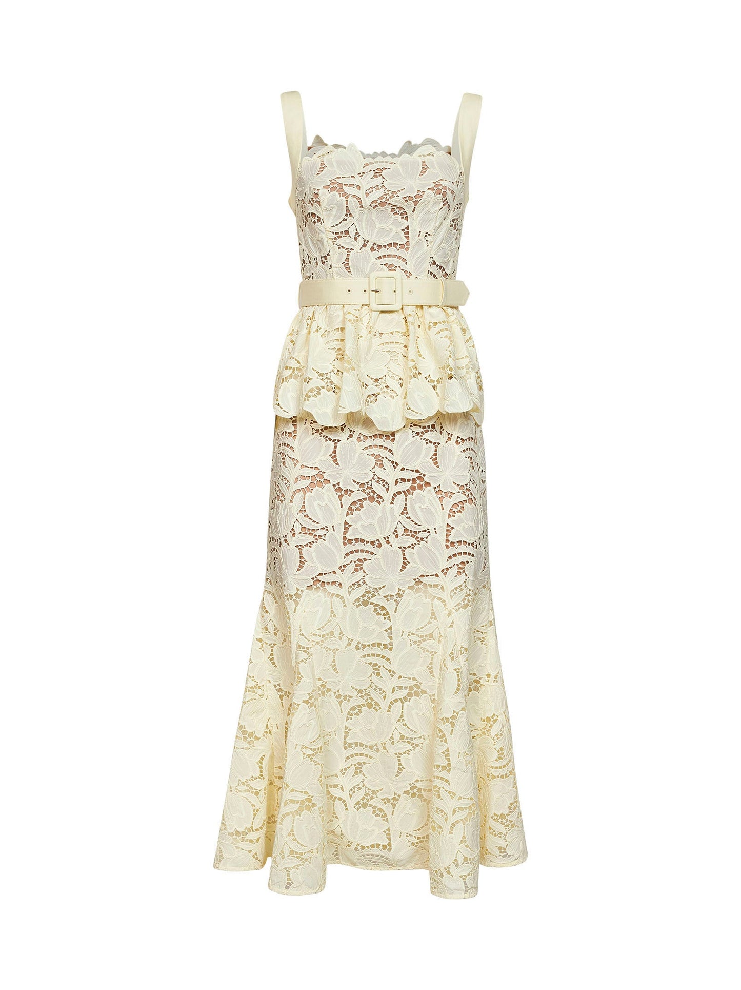 Self Portrait Women Yellow Macramé Lace Belted Peplum Midi Dress SELF-PORTRAIT