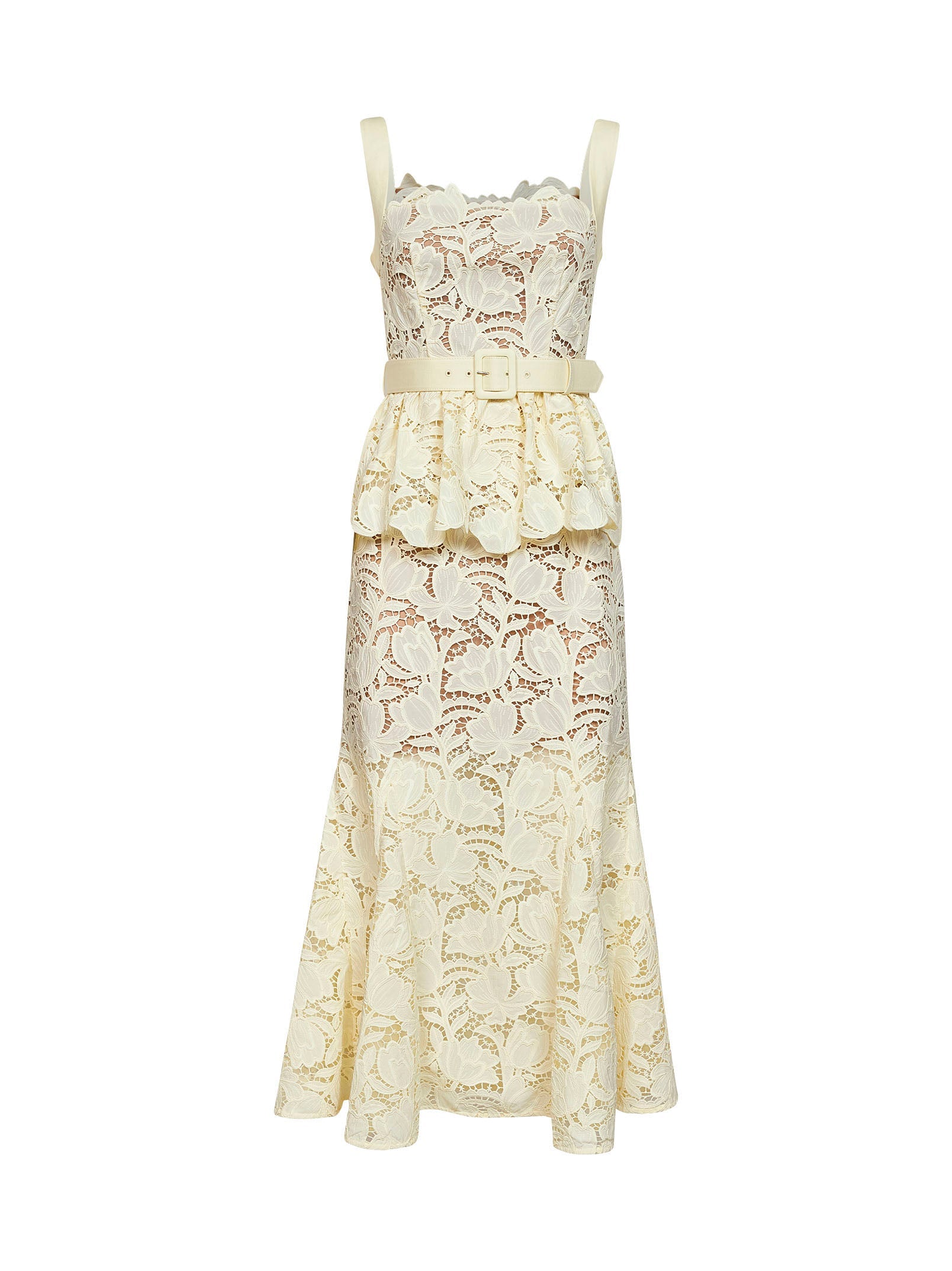 Self Portrait Women Yellow Macramé Lace Belted Peplum Midi Dress SELF-PORTRAIT