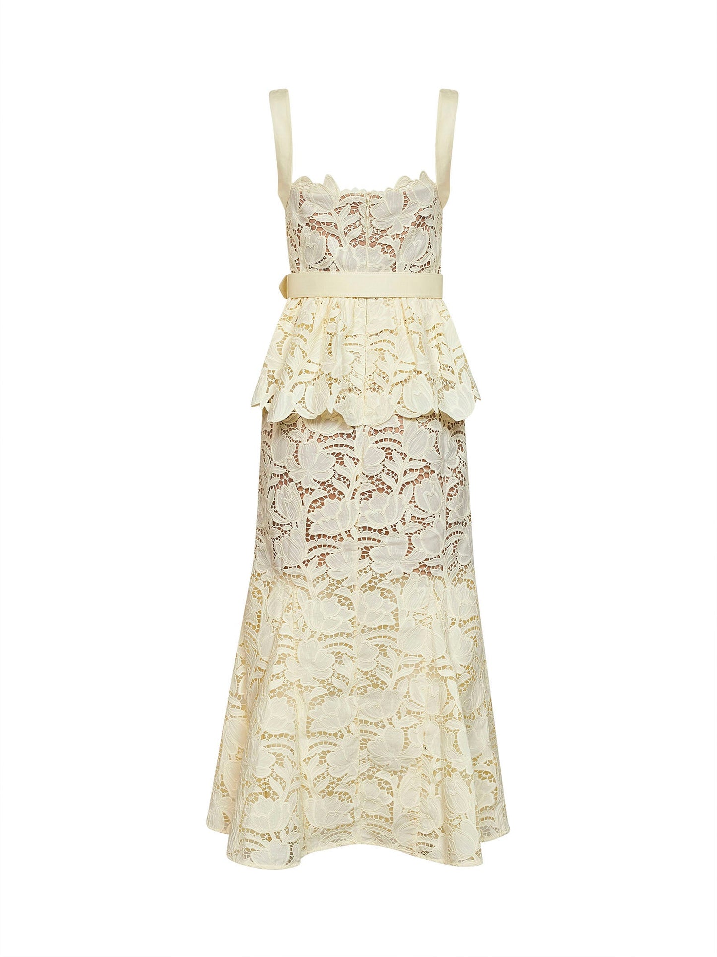 Self Portrait Women Yellow Macramé Lace Belted Peplum Midi Dress SELF-PORTRAIT