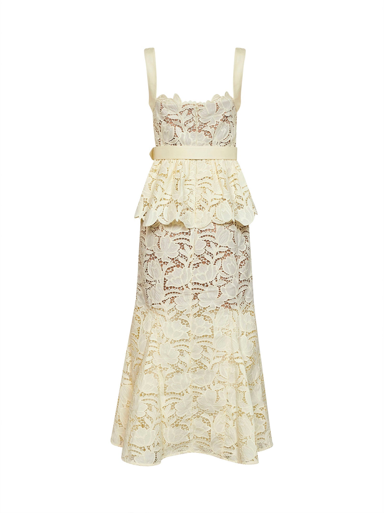 Self Portrait Women Yellow Macramé Lace Belted Peplum Midi Dress SELF-PORTRAIT