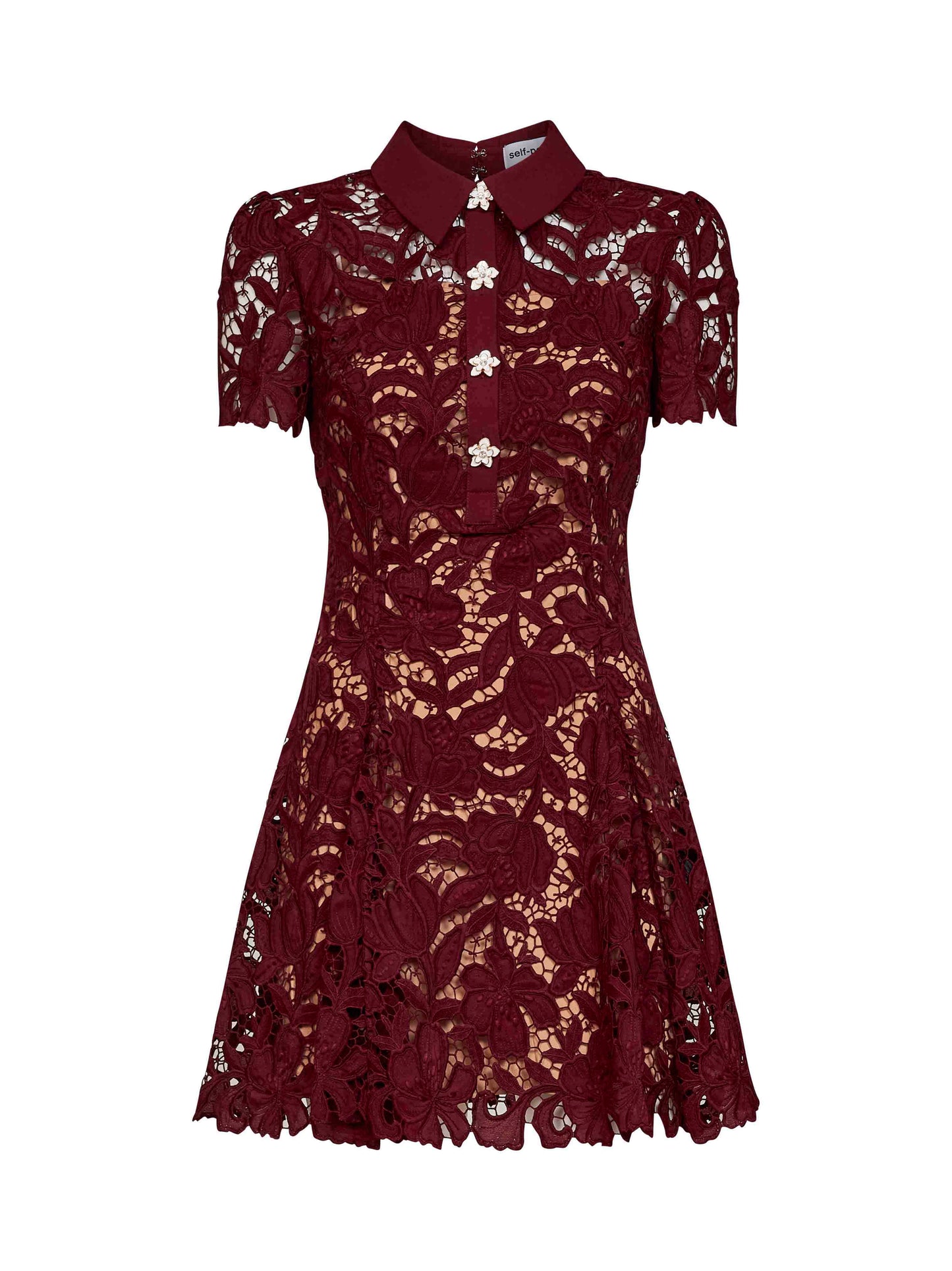 Self Portrait Women Burgundy Macramé Lace Flared Mini Dress SELF-PORTRAIT