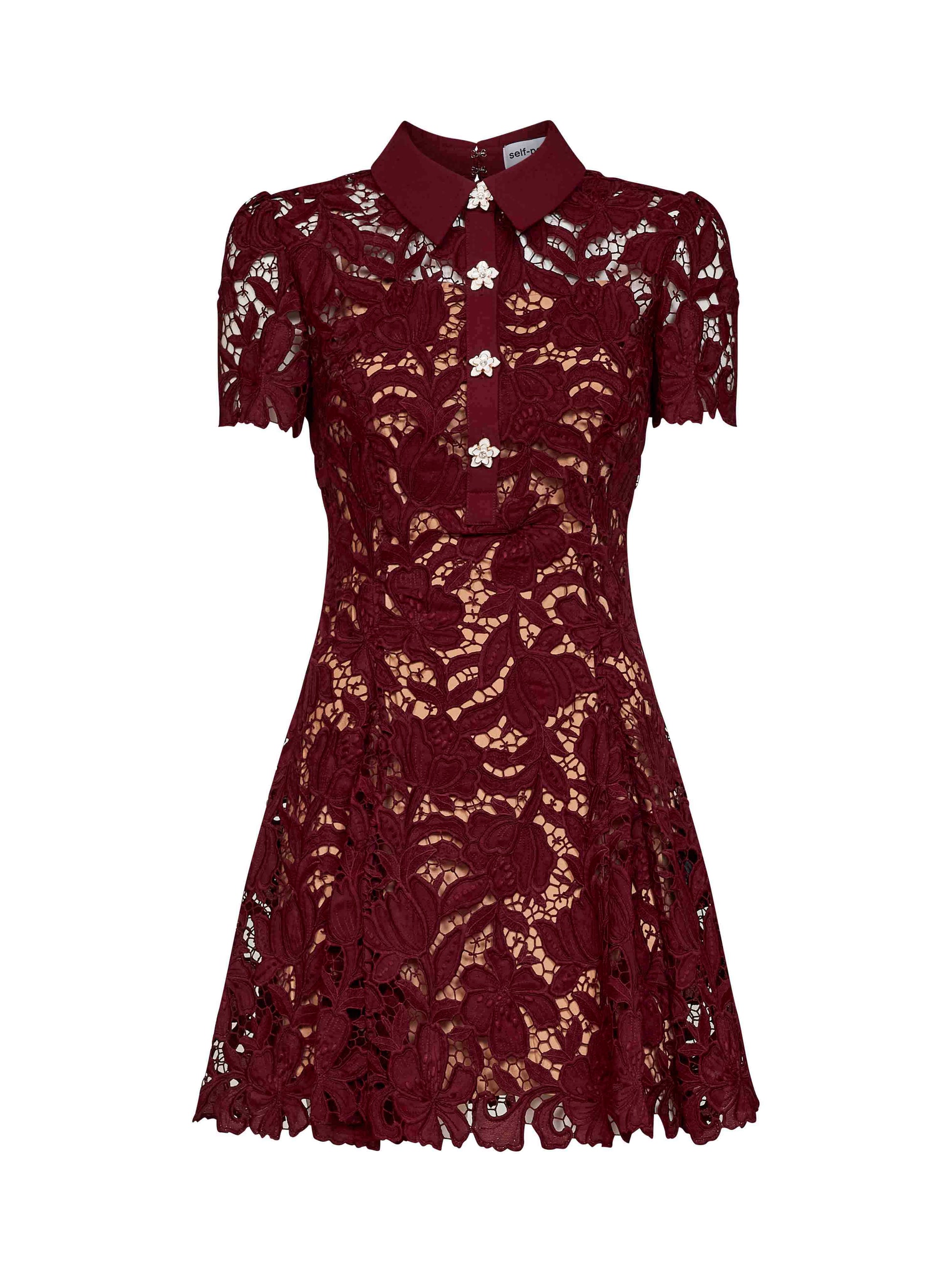 Self Portrait Women Burgundy Macramé Lace Flared Mini Dress SELF-PORTRAIT