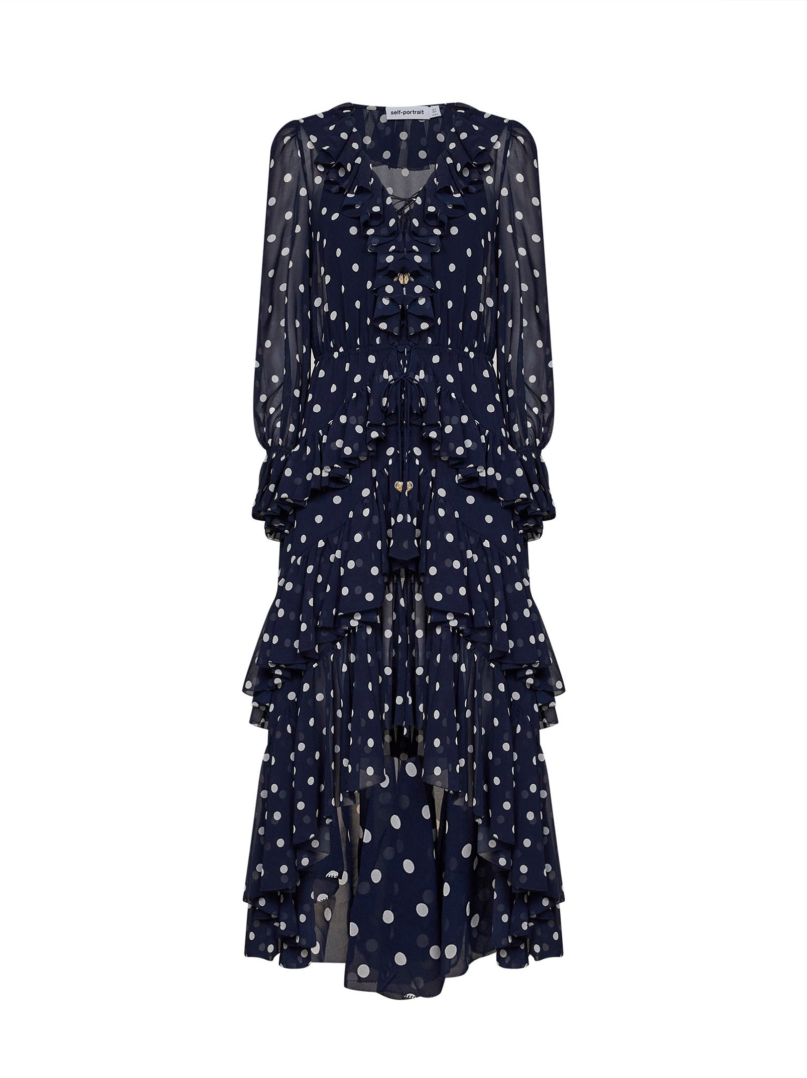Self Portrait Women Navy Blue Polka Dot Georgette Ruffled Maxi Dress SELF-PORTRAIT