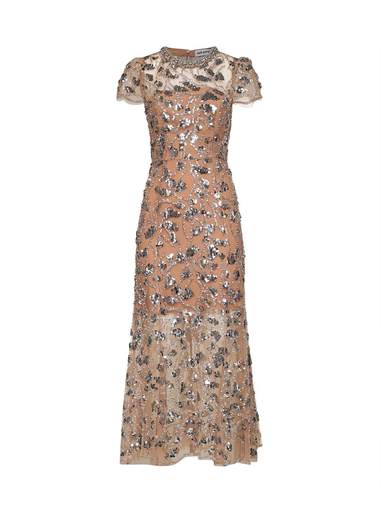 Self Portrait Women Silver Sequin-Embellished Tulle Midi Dress SELF-PORTRAIT
