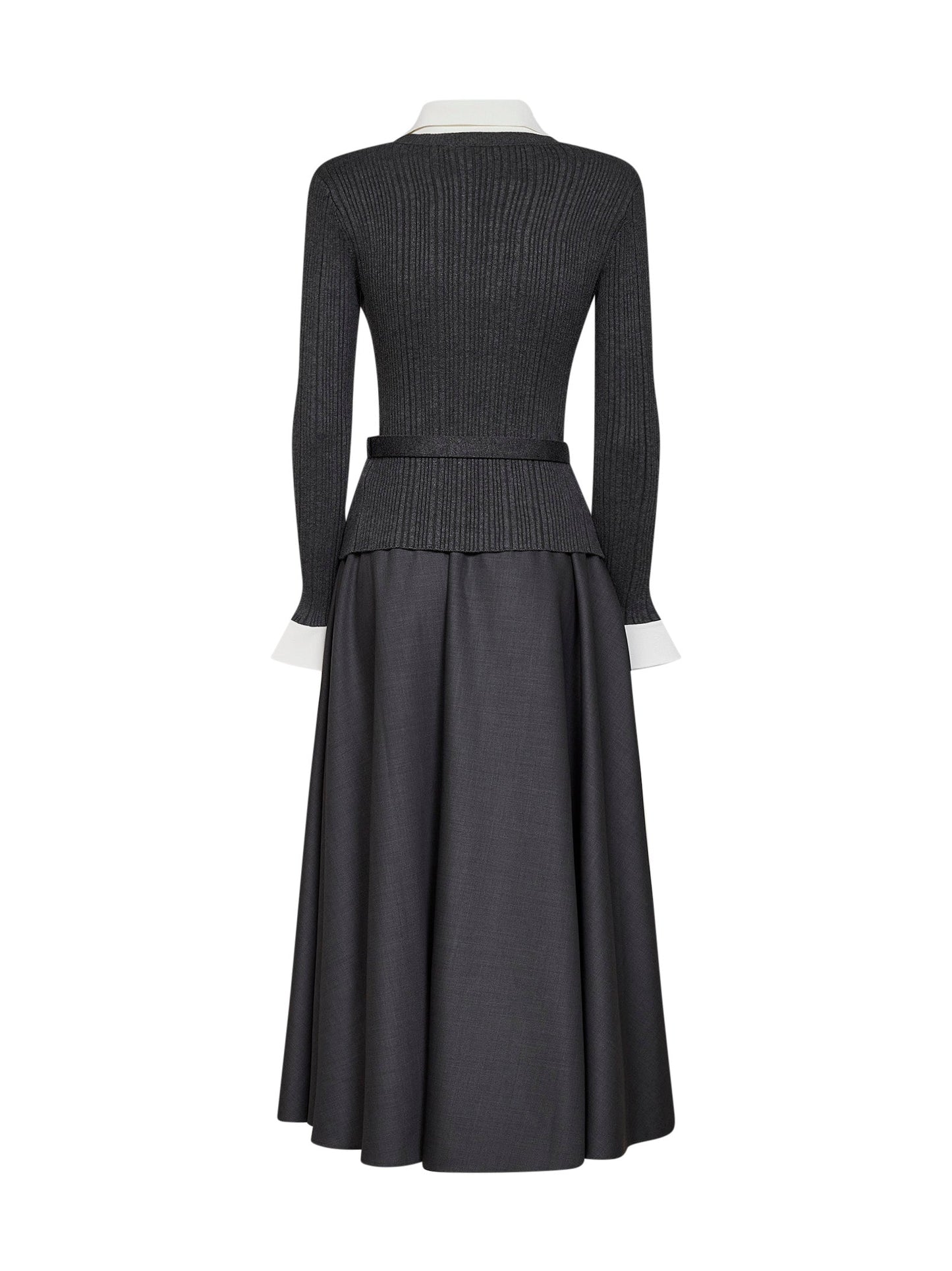 Self Portrait Women Grey Knit And Twill Belted Midi Dress SELF-PORTRAIT