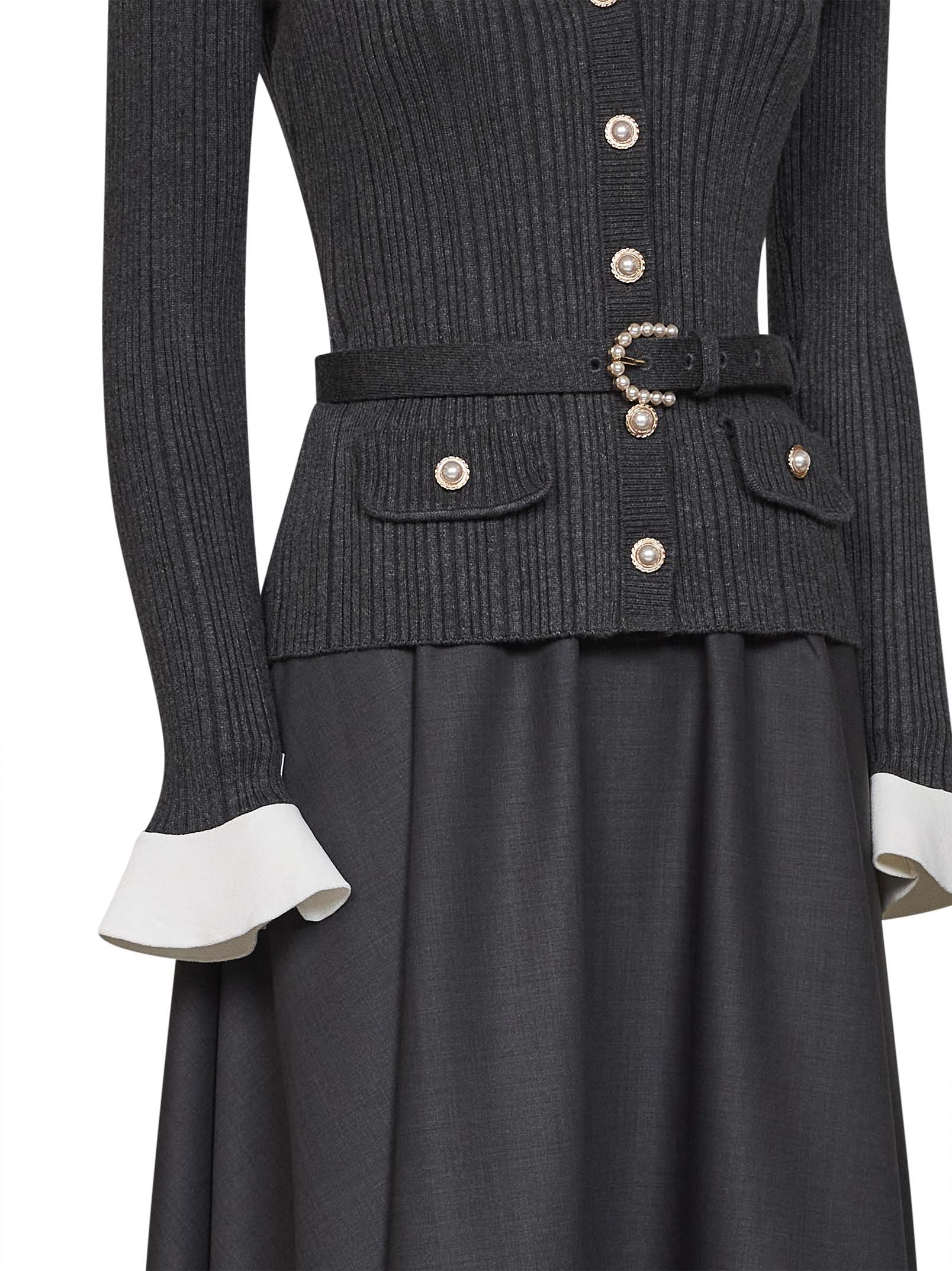 Self Portrait Women Grey Knit And Twill Belted Midi Dress SELF-PORTRAIT
