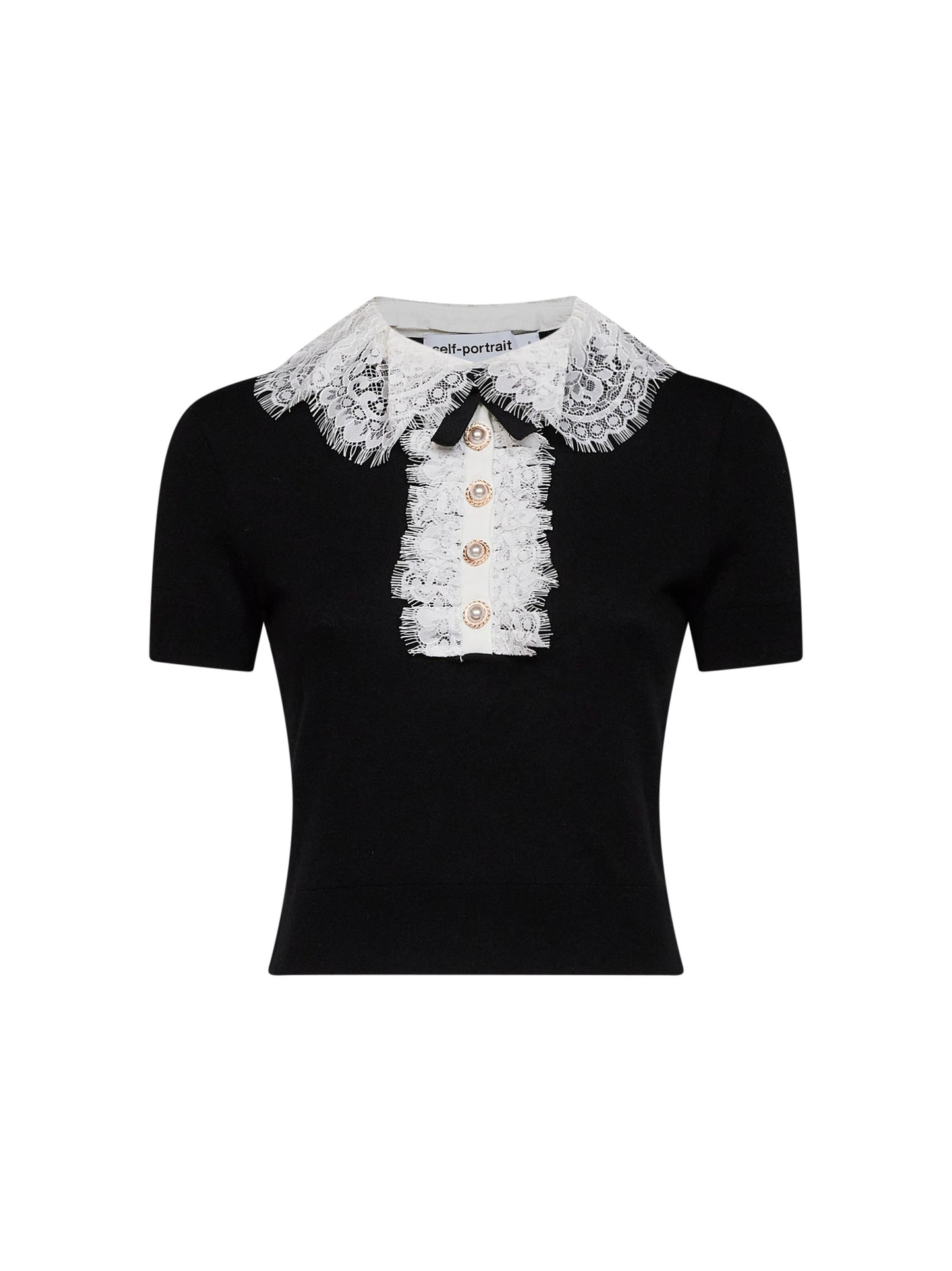 Self Portrait Women Black Wool Knit Top With Lace Collar SELF-PORTRAIT