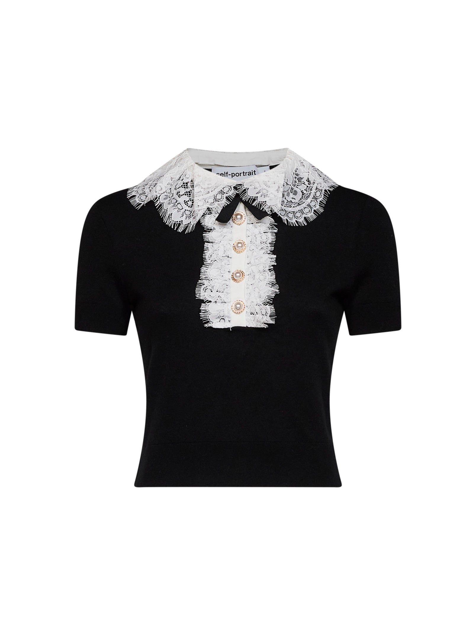 Self Portrait Women Black Wool Knit Top With Lace Collar SELF-PORTRAIT