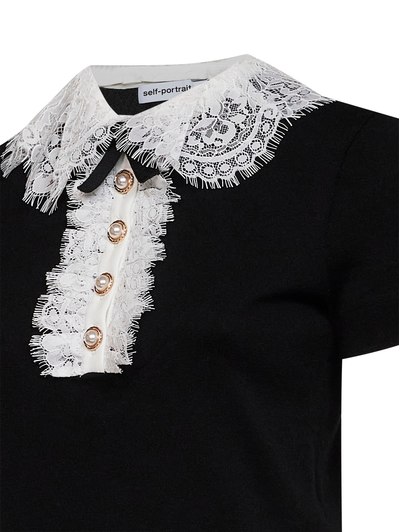 Self Portrait Women Black Wool Knit Top With Lace Collar SELF-PORTRAIT