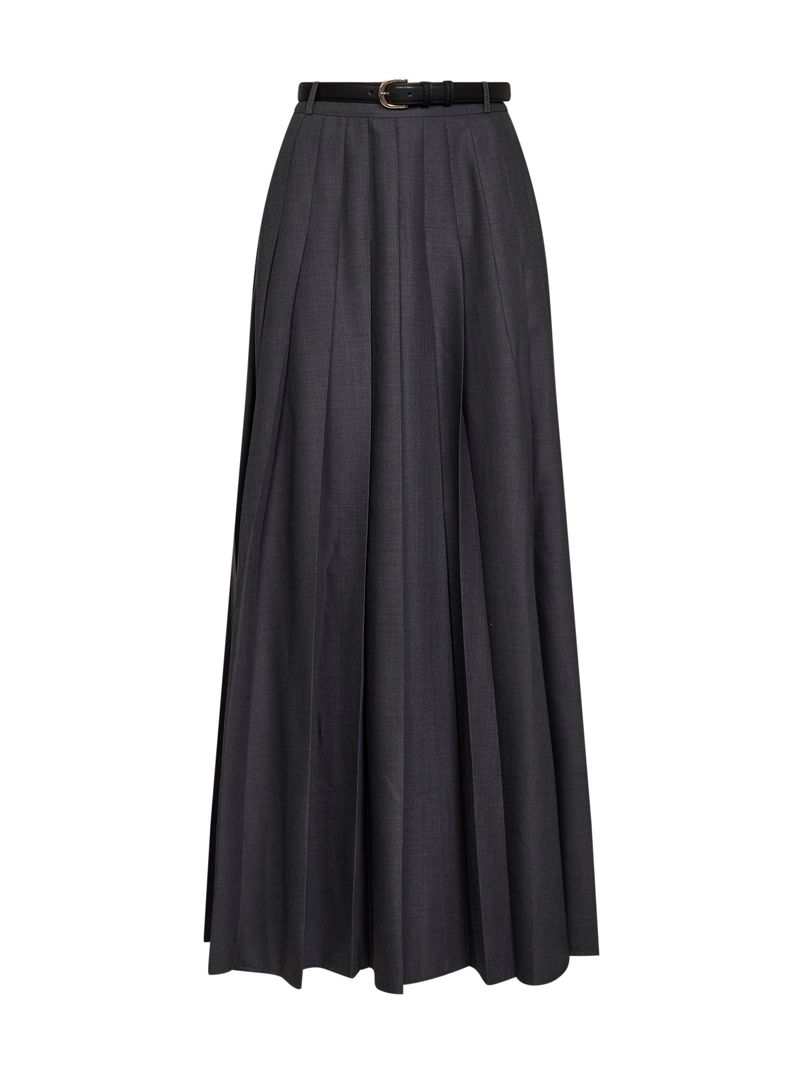 Self Portrait Women Grey Wool Blend Belted Pleated Maxi Skirt SELF-PORTRAIT