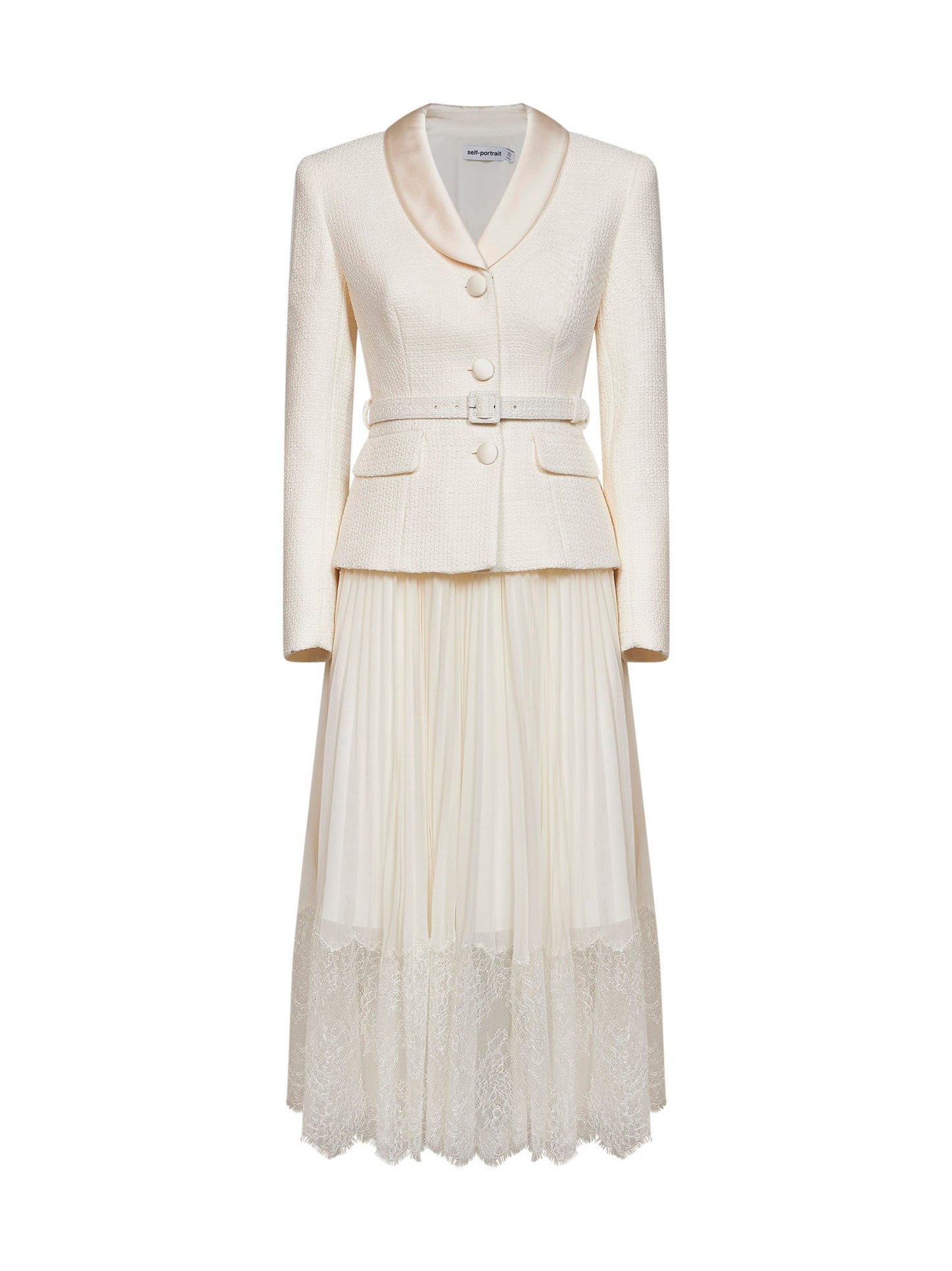 Self Portrait Women Cream Georgette And Bouclé Belted Midi Dress SELF-PORTRAIT