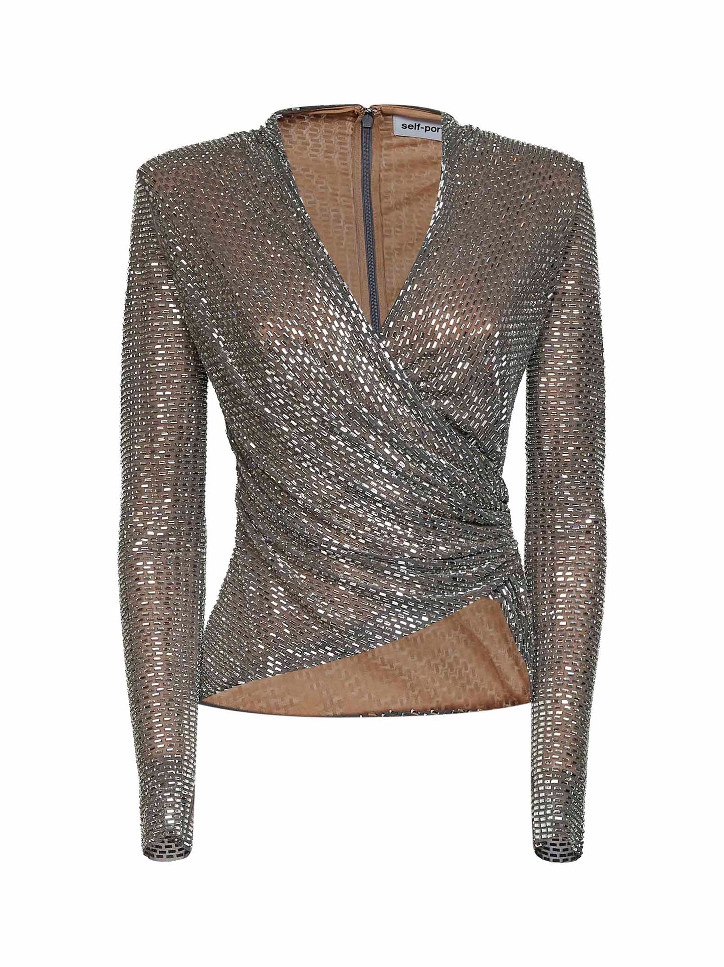 Self Portrait Women Grey Rhinestone-Embellished Mesh Wrap Top SELF-PORTRAIT