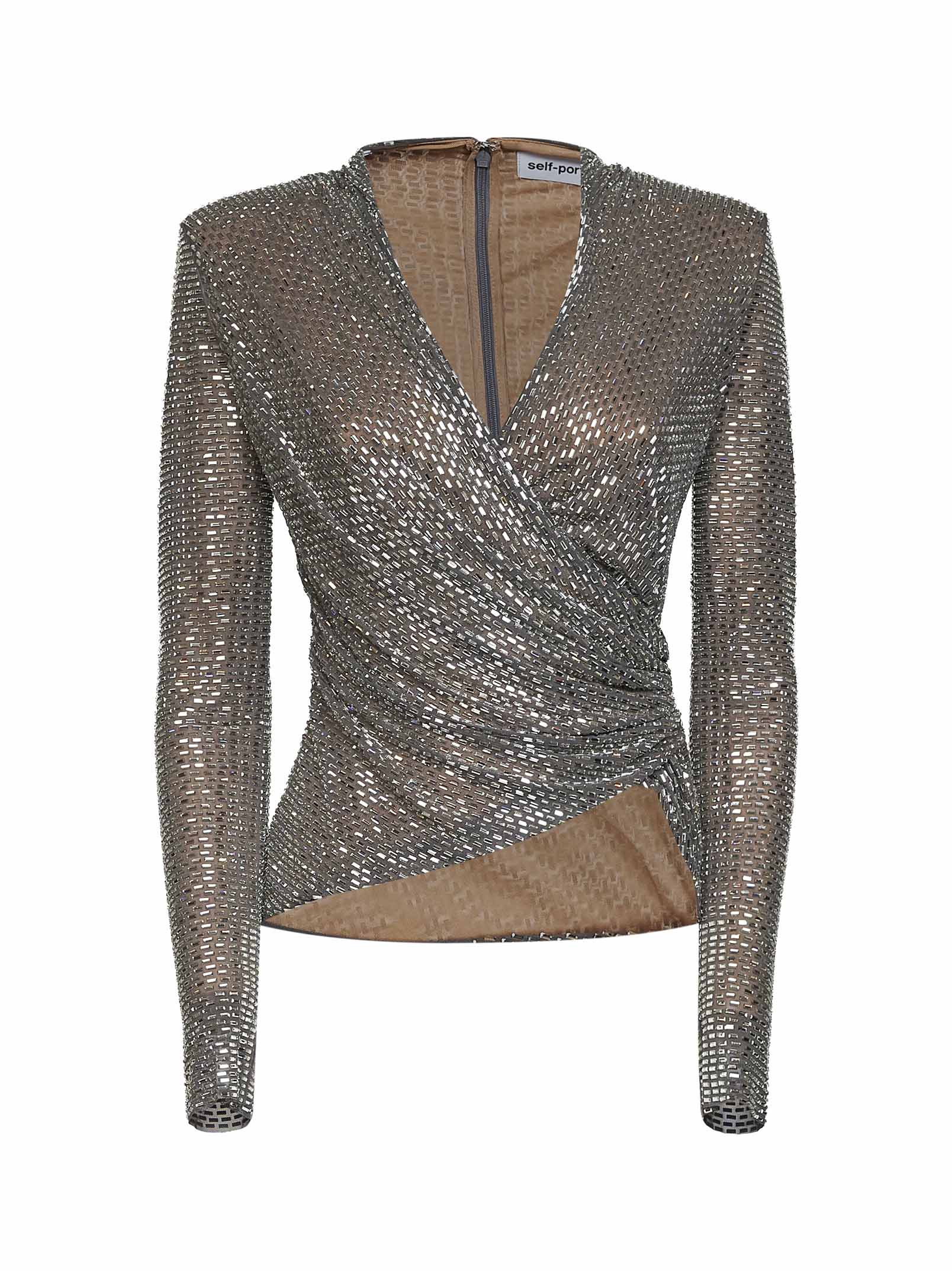 Self Portrait Women Grey Rhinestone-Embellished Mesh Wrap Top SELF-PORTRAIT