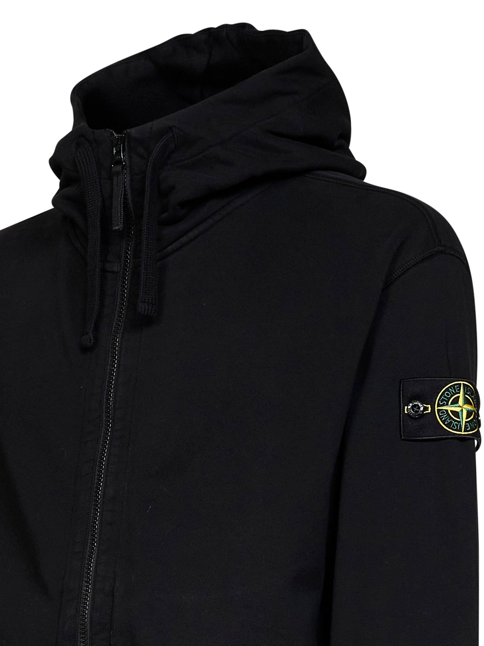 Stone Island Men Black Organic Cotton Zip-Up Hoodie STONE ISLAND