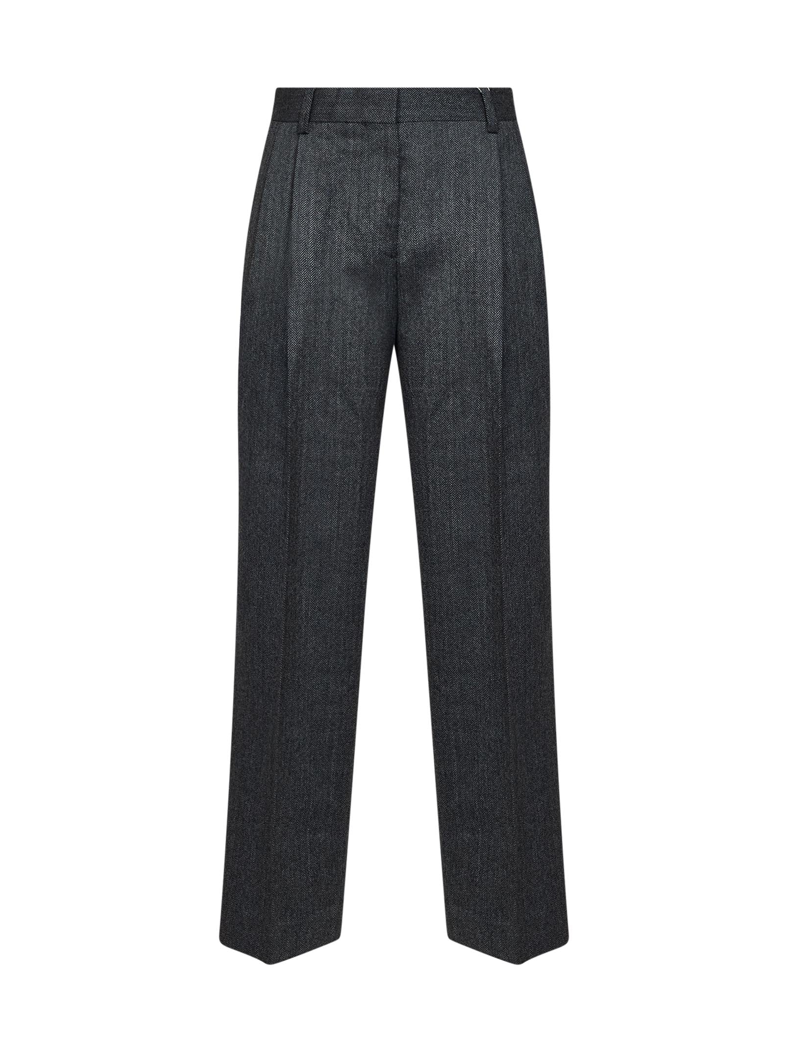 Toteme Women Dark Grey Mélange Wool Herringbonedouble-Pleat Trousers TOTEME