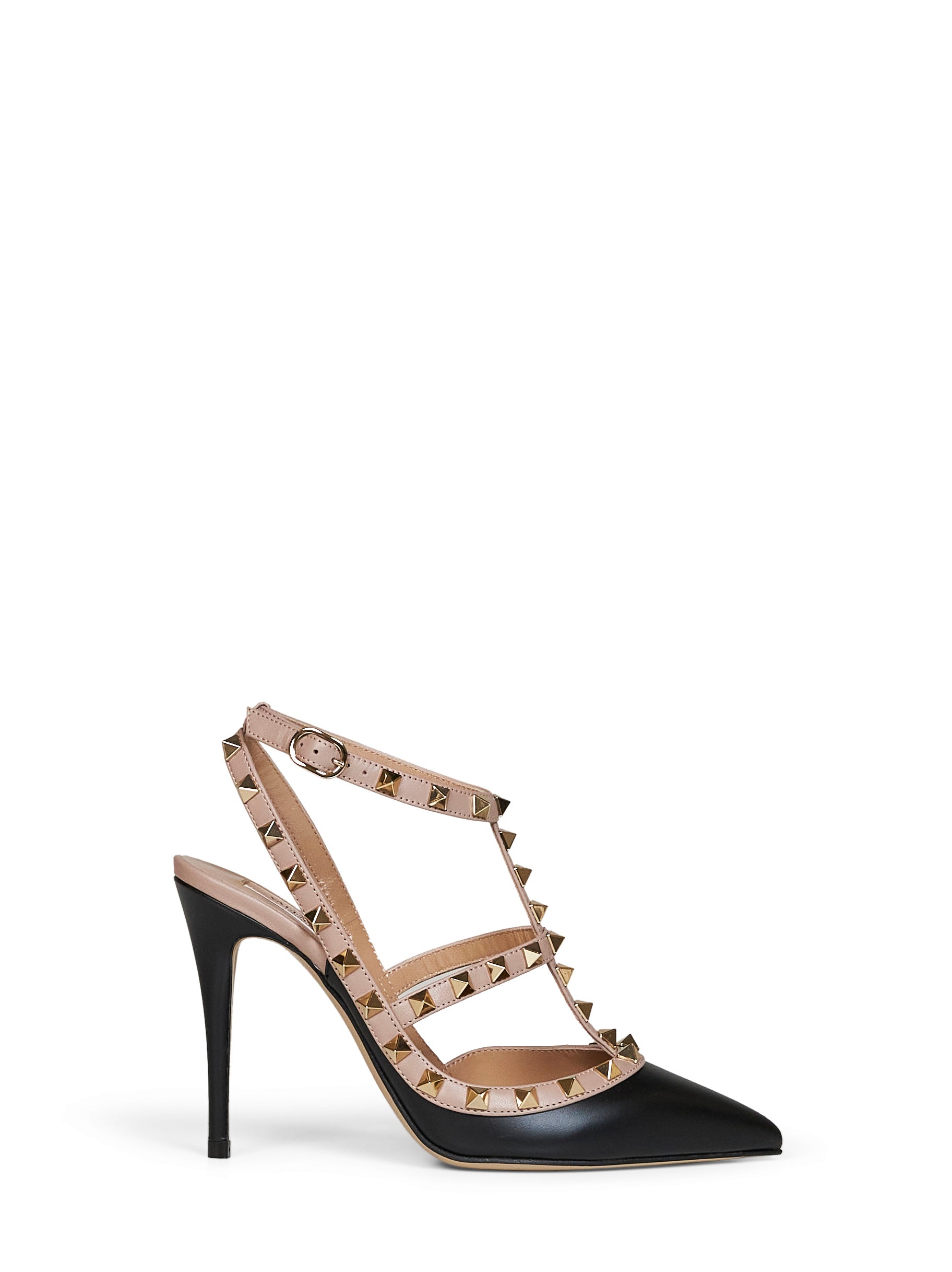 Valentino Garavani Women Black Leather Rockstud 100Mm Pumps With Blush Straps VALENTINO GARAVANI