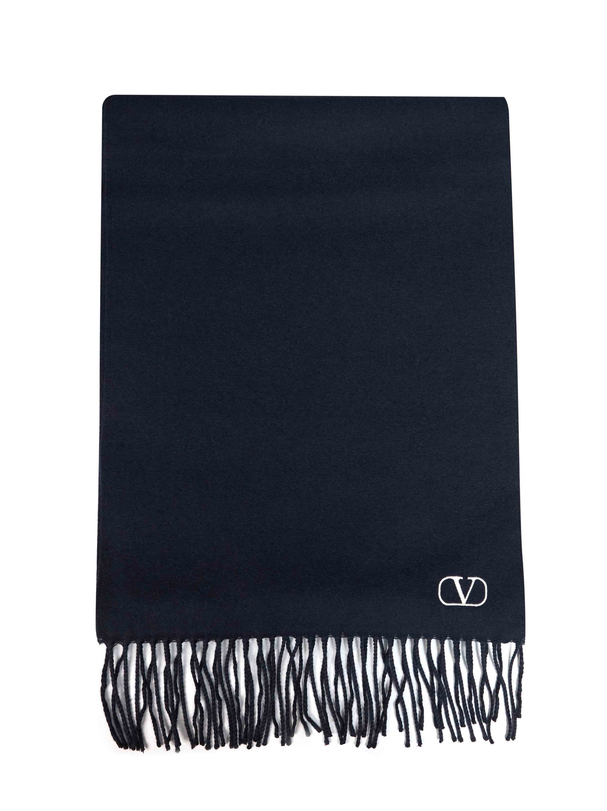 Valentino Garavani Men Navy Blue Virgin Wool Scarf With Vlogo Signature Embroidery VALENTINO GARAVANI