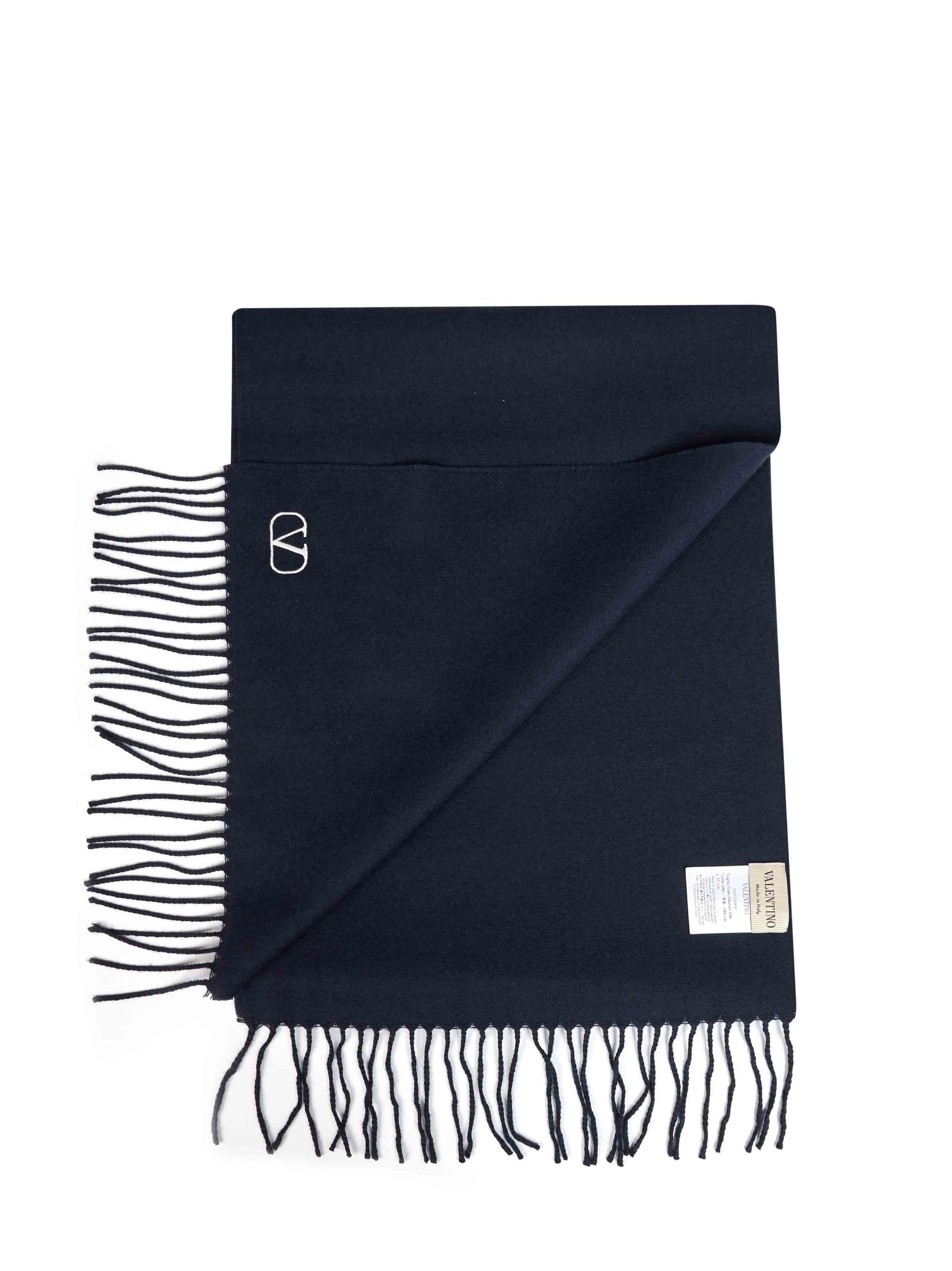Valentino Garavani Men Navy Blue Virgin Wool Scarf With Vlogo Signature Embroidery VALENTINO GARAVANI
