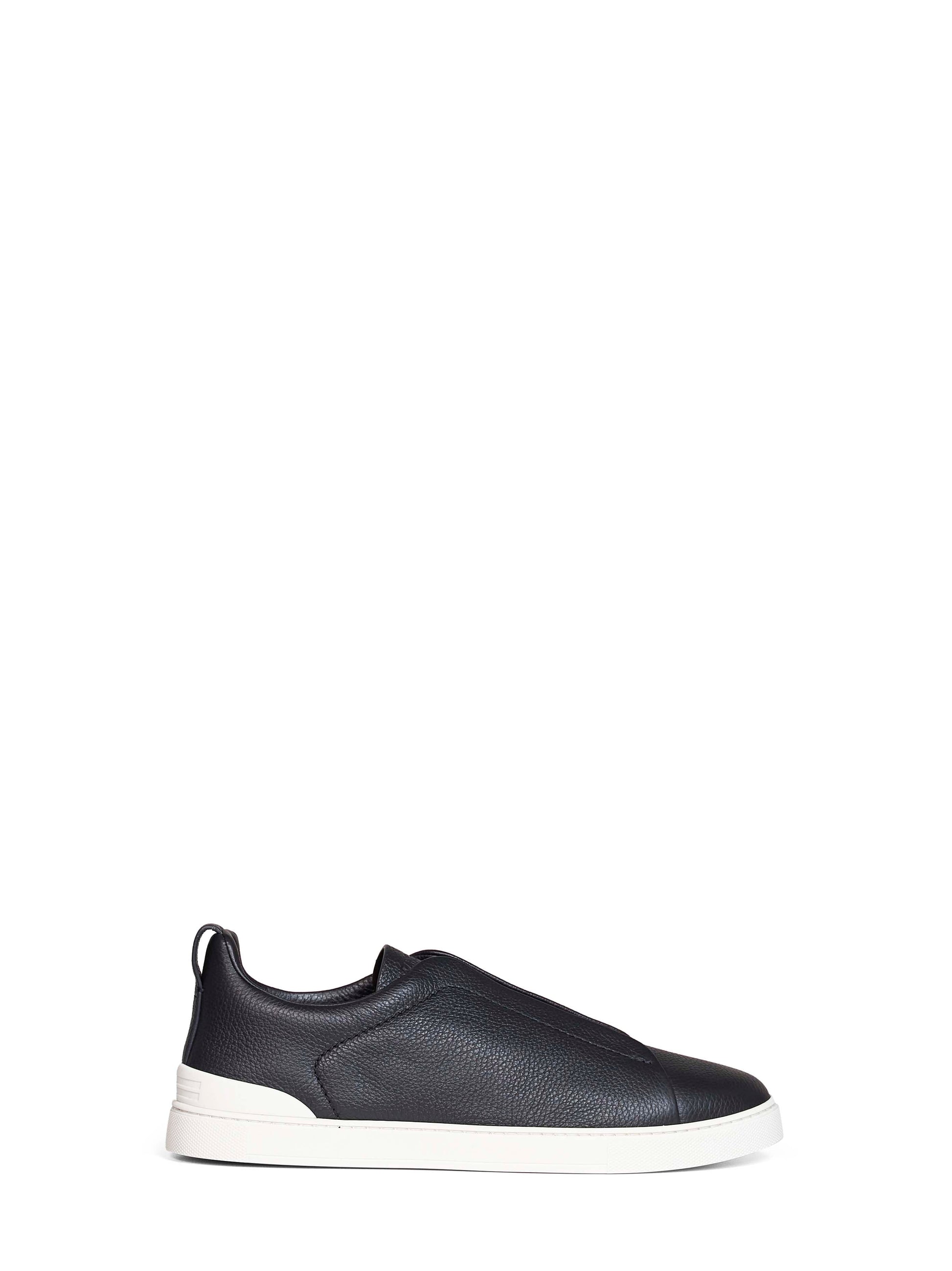 Zegna Men Navy Blue Grained Leather Triple Stitch Sneakers ZEGNA