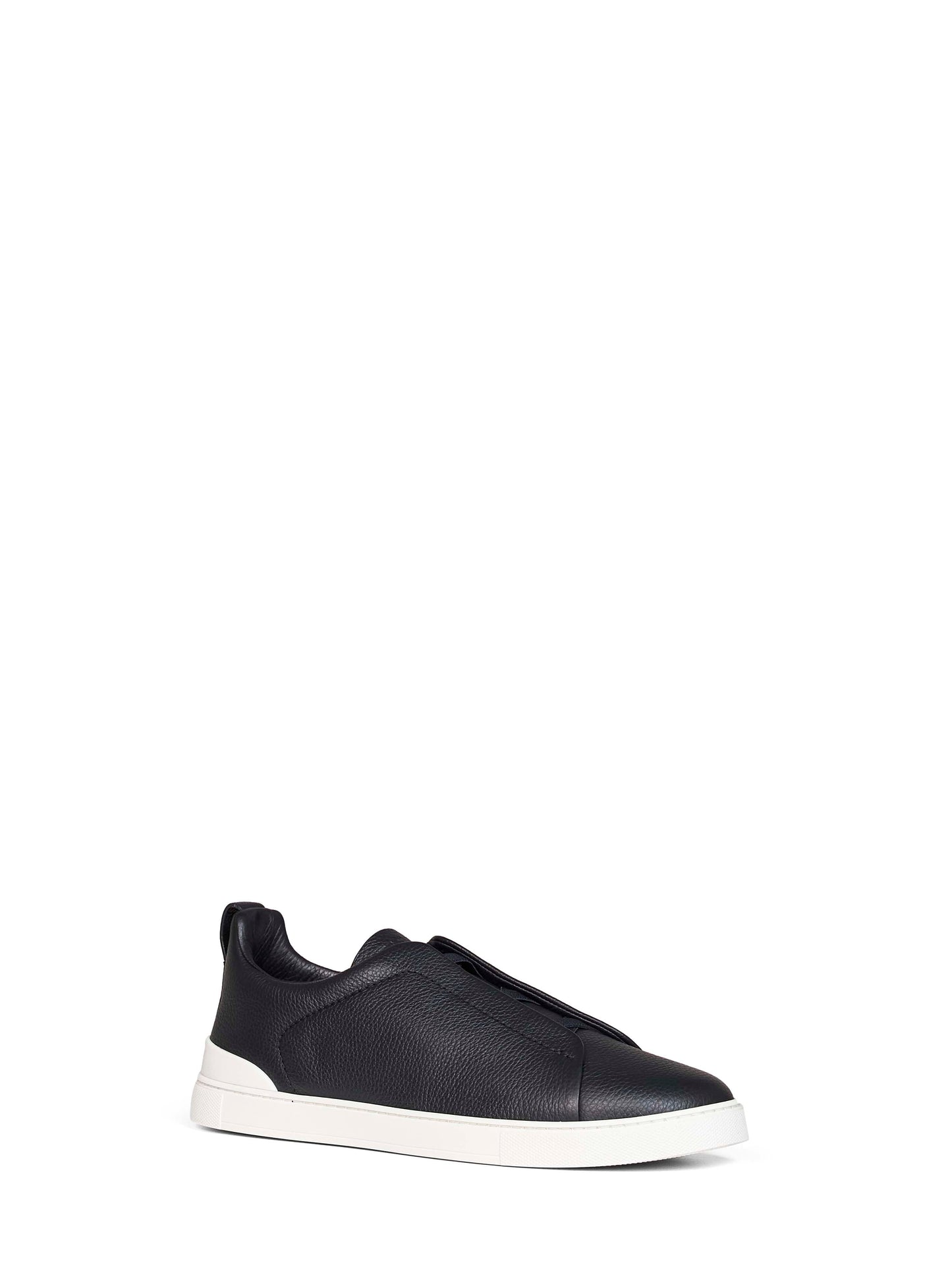 Zegna Men Navy Blue Grained Leather Triple Stitch Sneakers ZEGNA