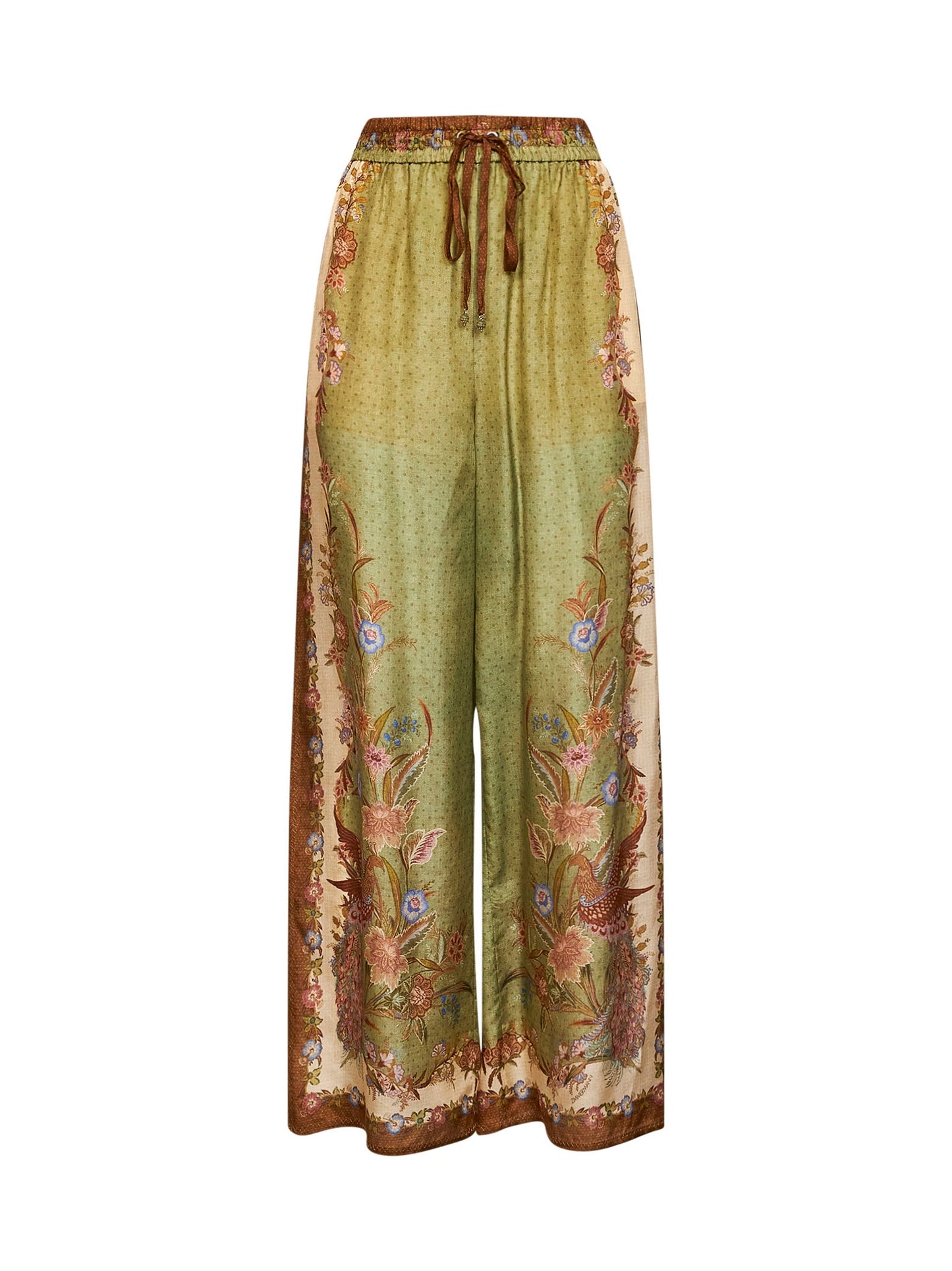 Zimmermann Women Khaki Floral Scarf-Print Silk Habotai Indra Relaxed Trousers ZIMMERMANN