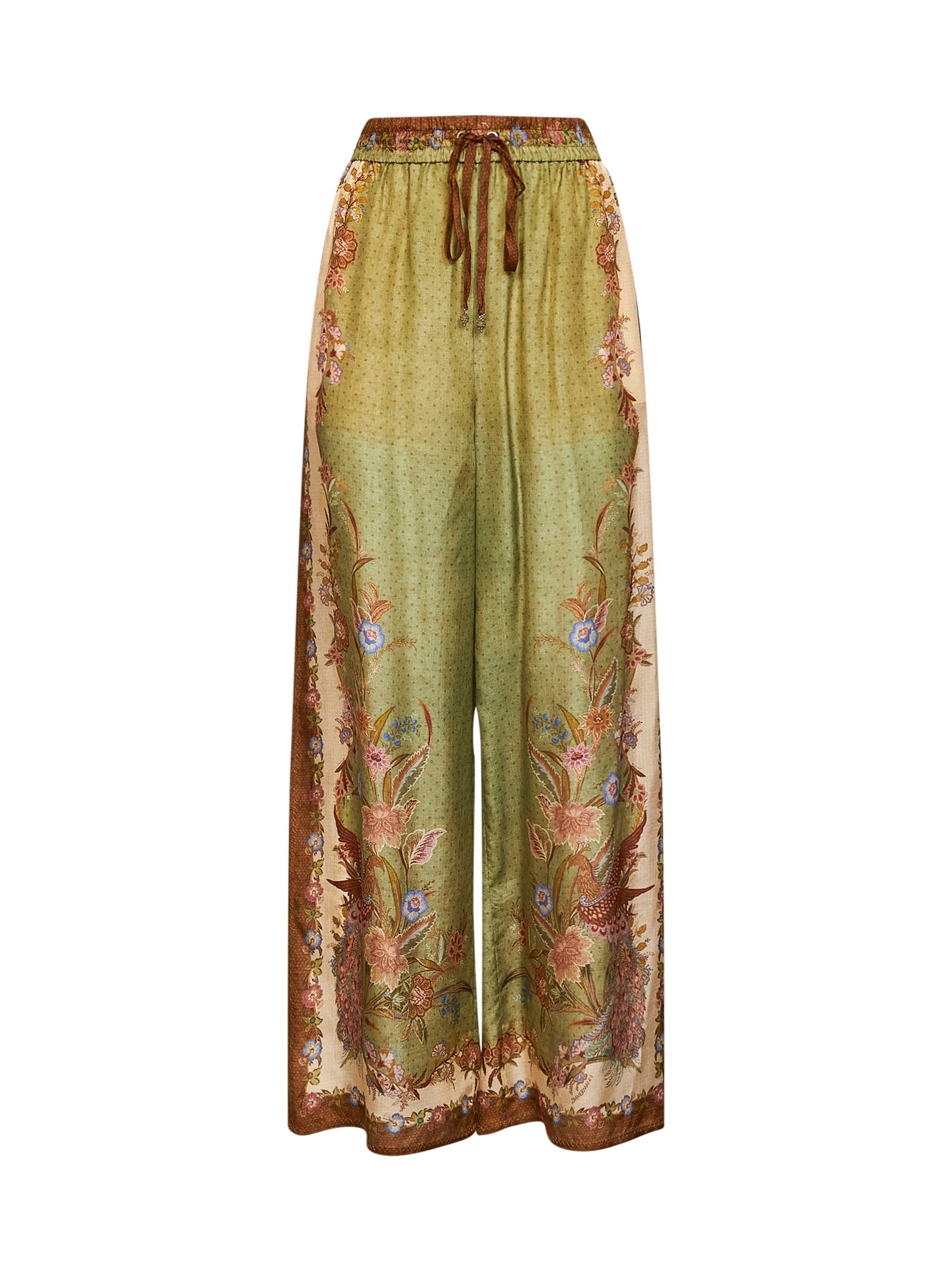 Zimmermann Women Khaki Floral Scarf-Print Silk Habotai Indra Relaxed Trousers ZIMMERMANN