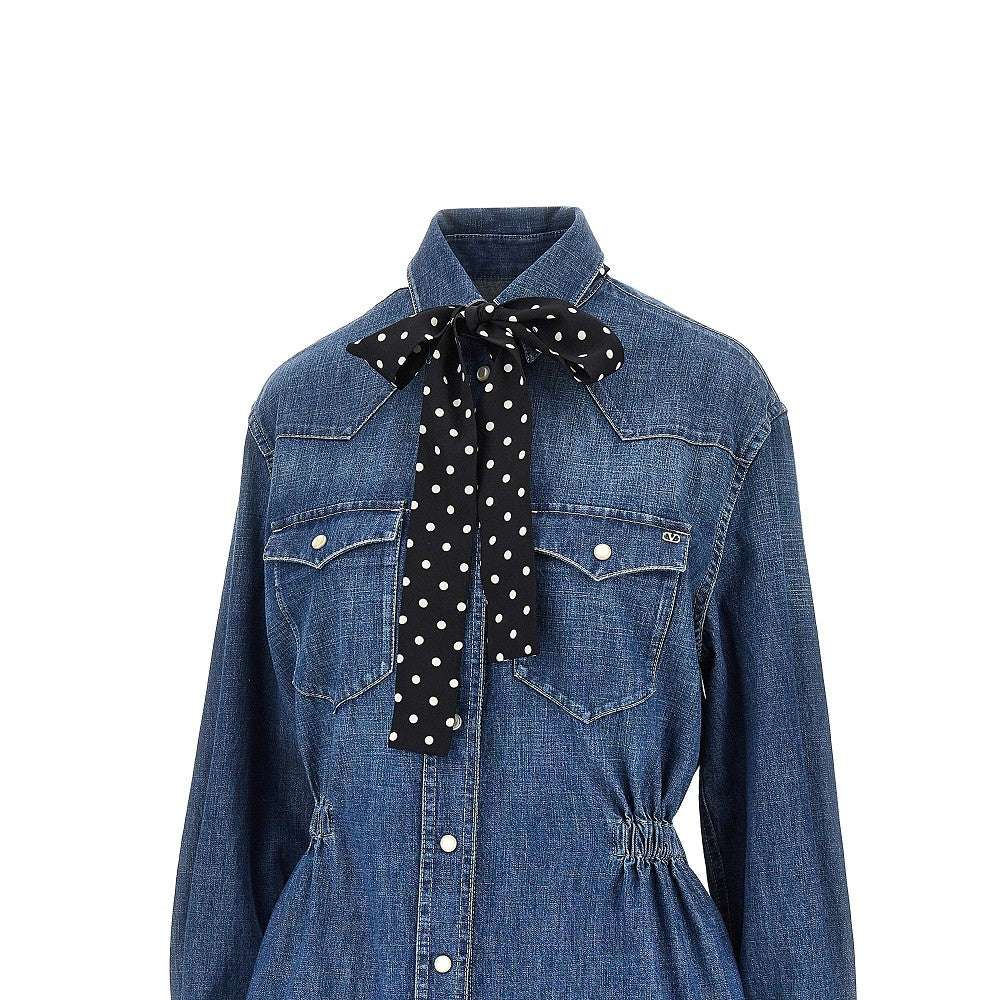 Valentino Women Denim Mini Dress With Silk Bow VALENTINO