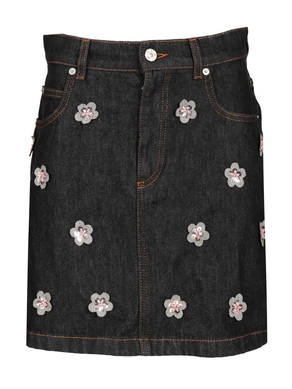 Marni Women Black Denim Skirt With Daisy Appliques MARNI