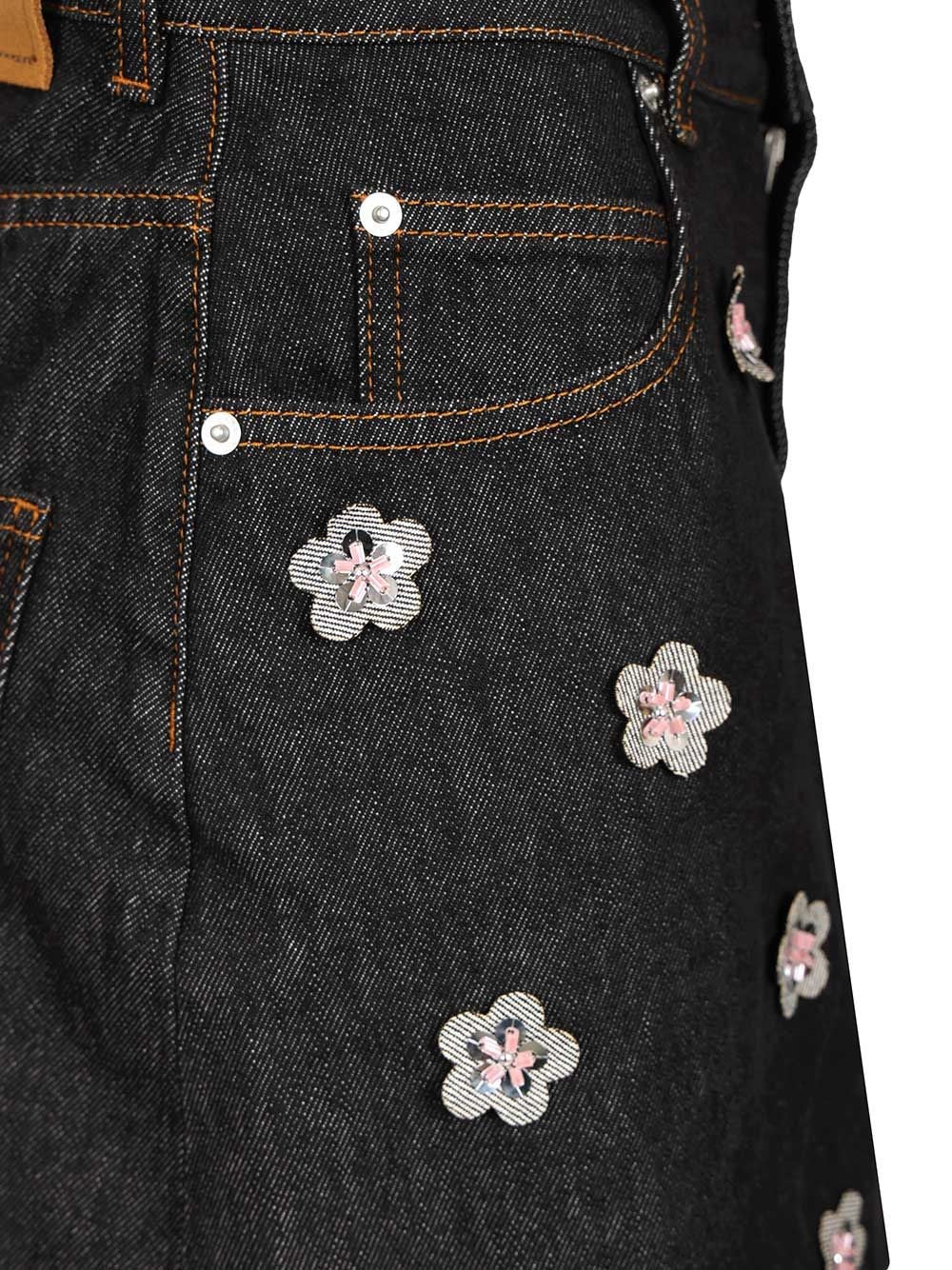 Marni Women Black Denim Skirt With Daisy Appliques MARNI