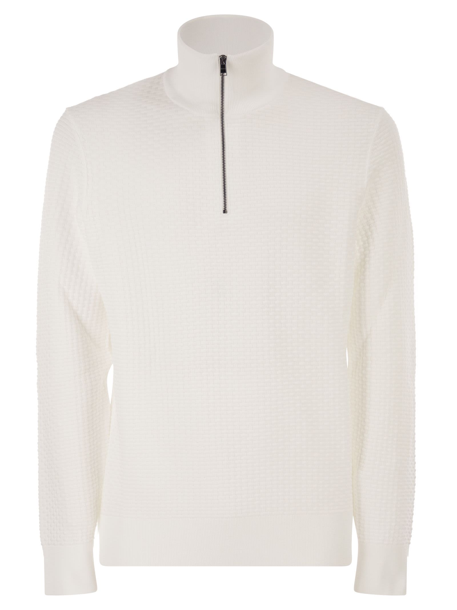 Boss Men Textured Cotton Sweater With High Neck And Zip BOSS