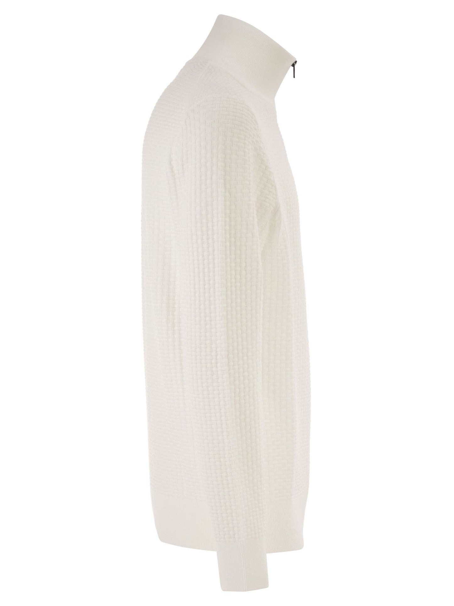 Boss Men Textured Cotton Sweater With High Neck And Zip BOSS