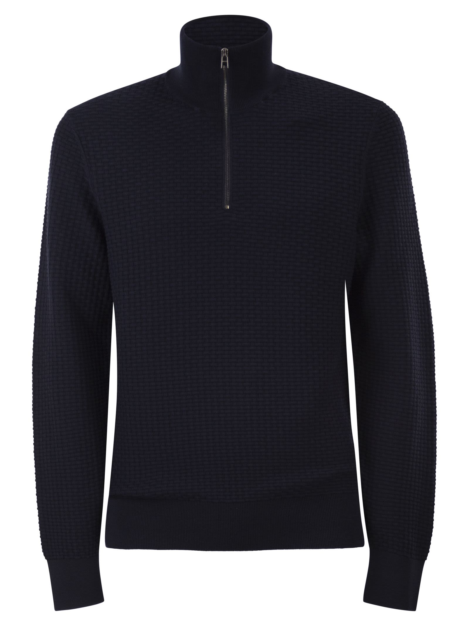 Boss Men Textured Cotton Sweater With High Neck And Zip BOSS