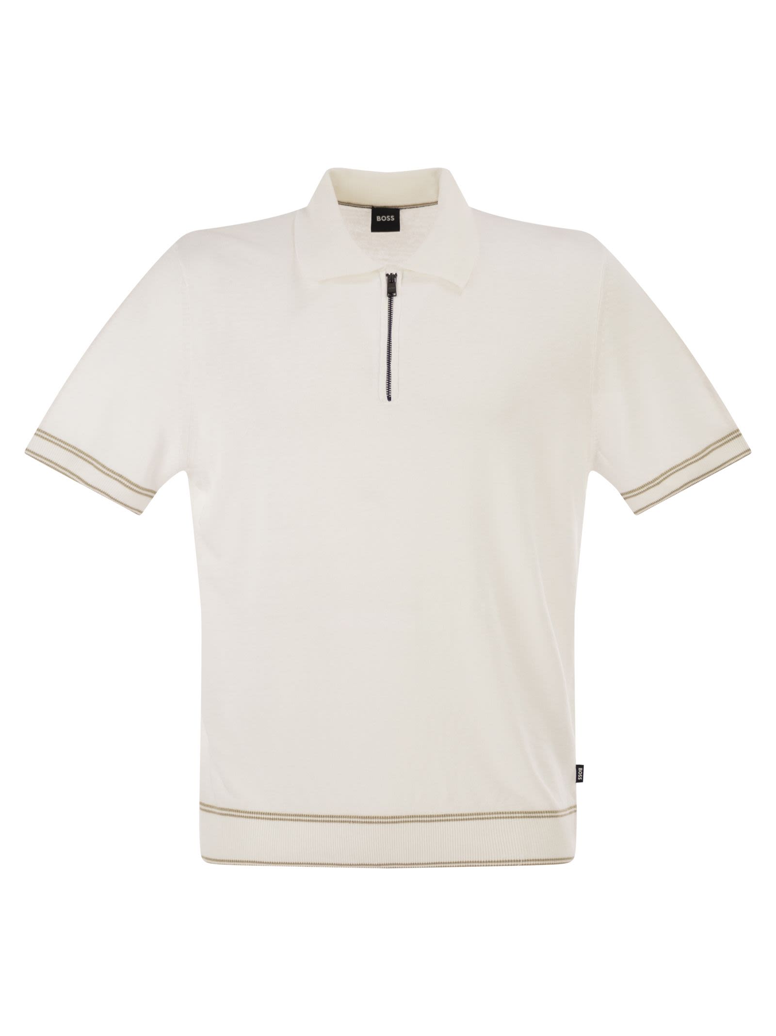 Boss Men Linen And Viscose Polo Shirt With Zip And Contrast Trims BOSS