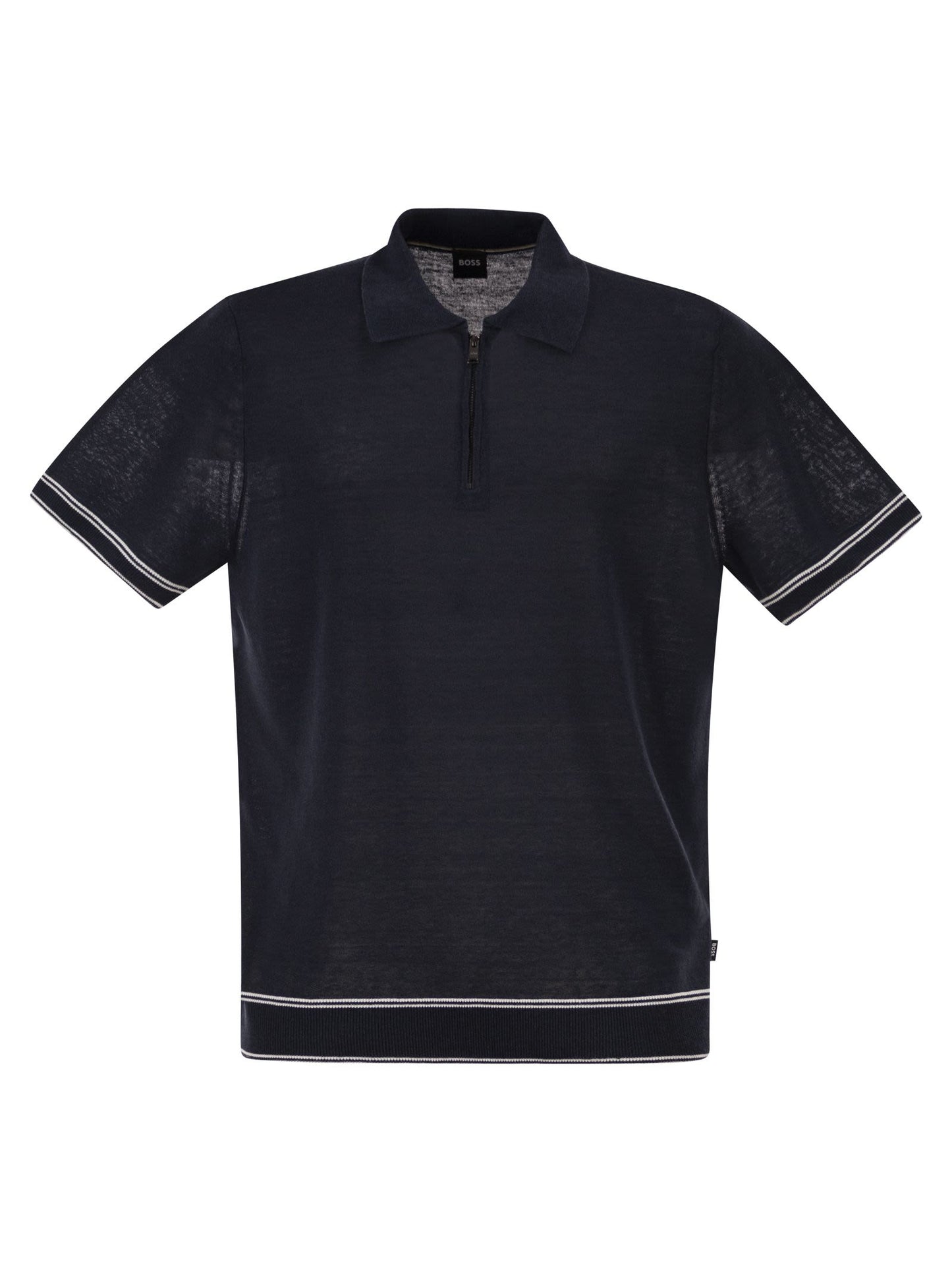 Boss Men Linen And Viscose Polo Shirt With Zip And Contrast Trims BOSS