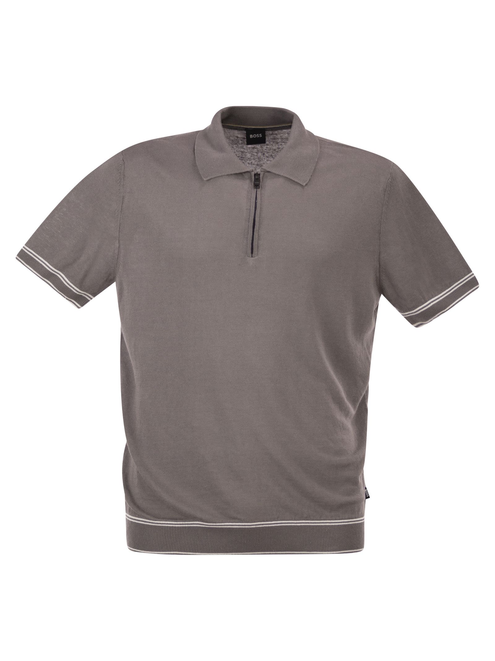 Boss Men Linen And Viscose Polo Shirt With Zip And Contrast Trims BOSS