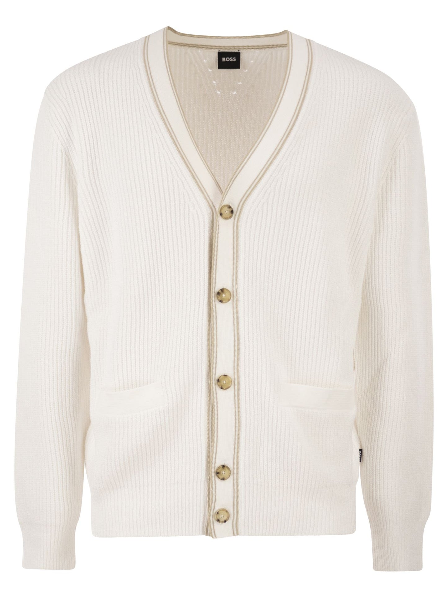 Boss Men Ribbed Cotton Cardigan With Contrast Buttons BOSS