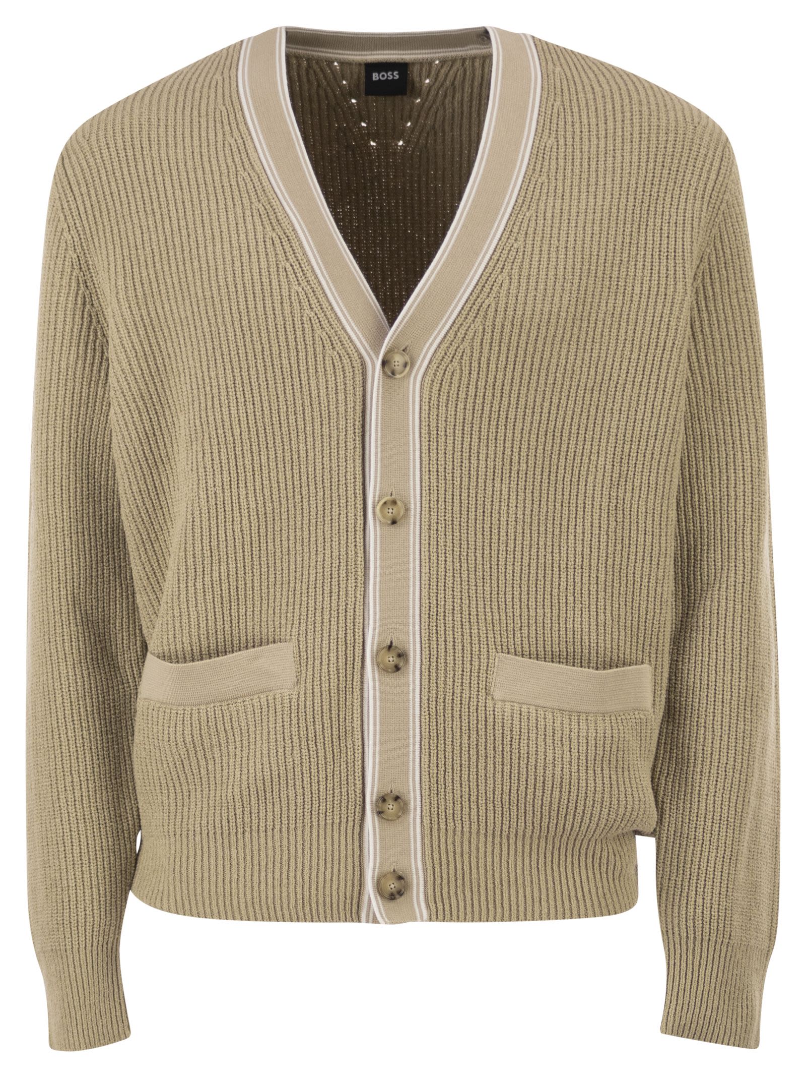 Boss Men Ribbed Cotton Cardigan With Contrast Buttons BOSS