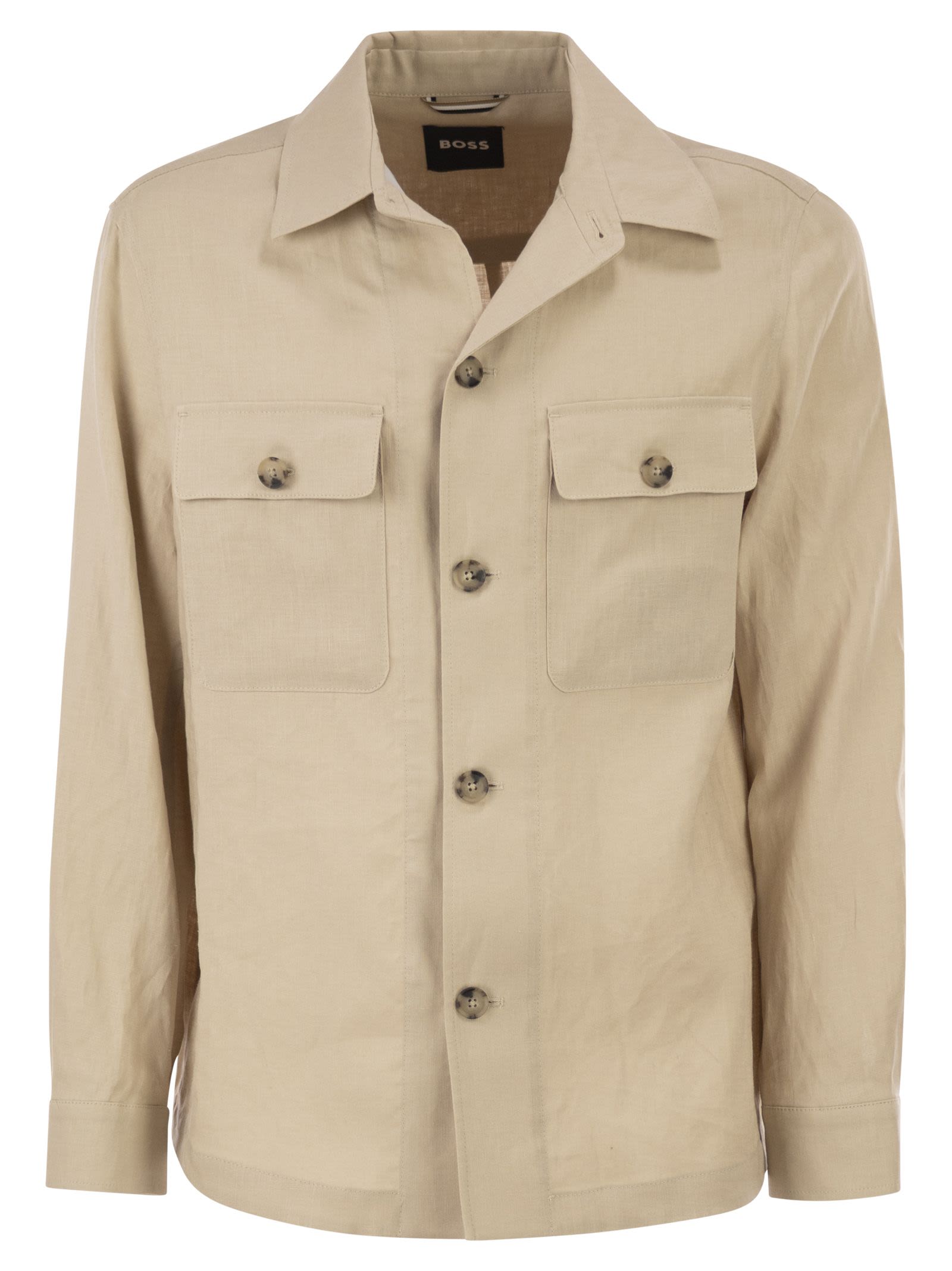 Boss Men Linen Shirt Jacket With Patch Pockets BOSS