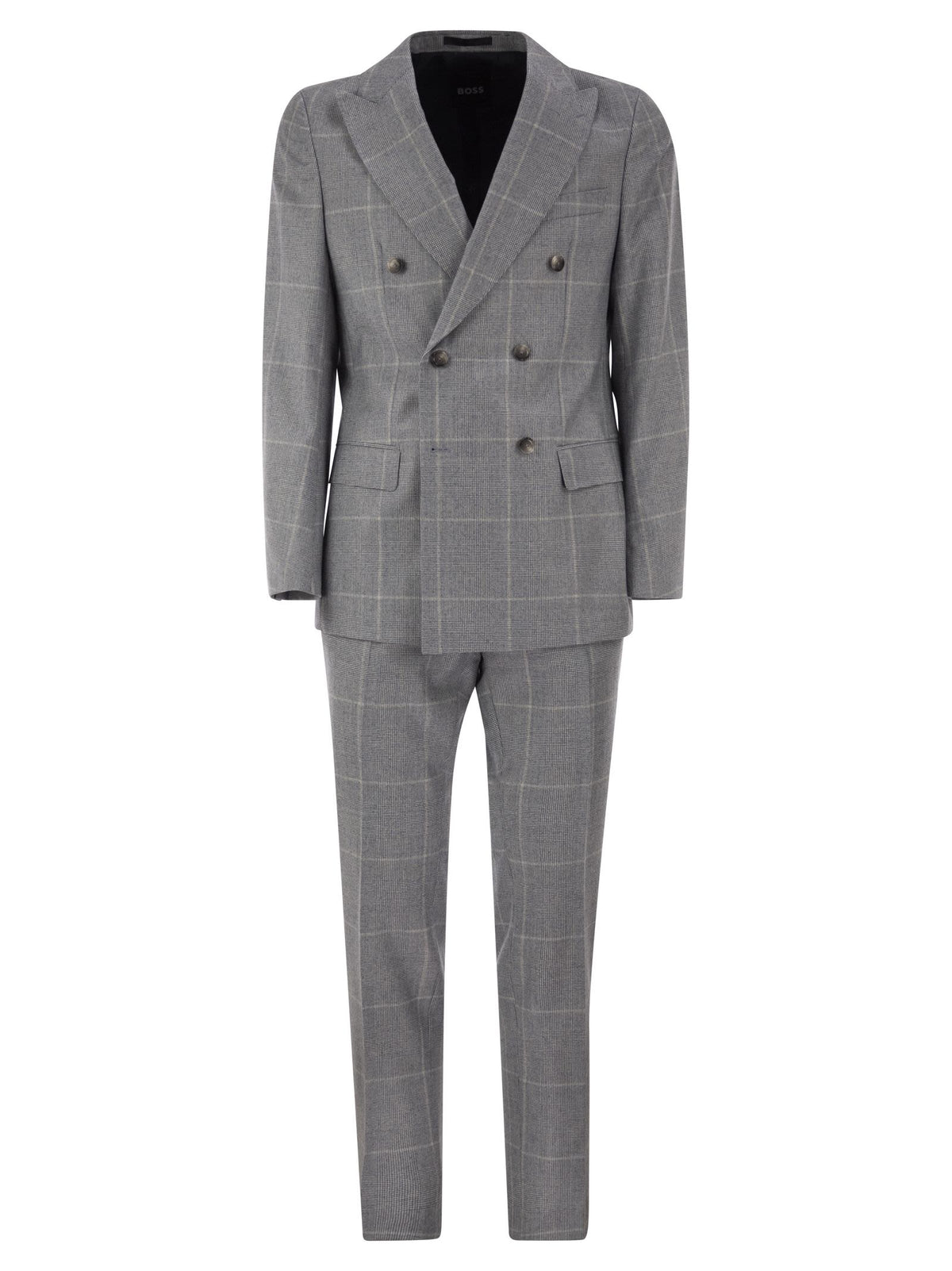 Boss Men Virgin Wool Double-Breasted Suit With Check Pattern BOSS