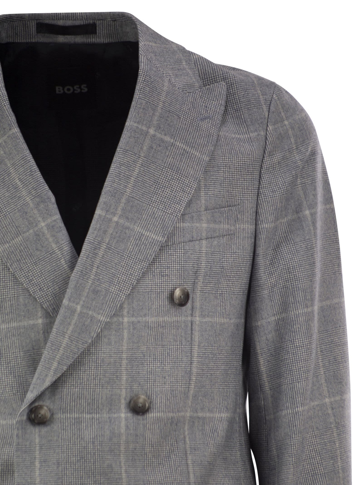 Boss Men Virgin Wool Double-Breasted Suit With Check Pattern BOSS