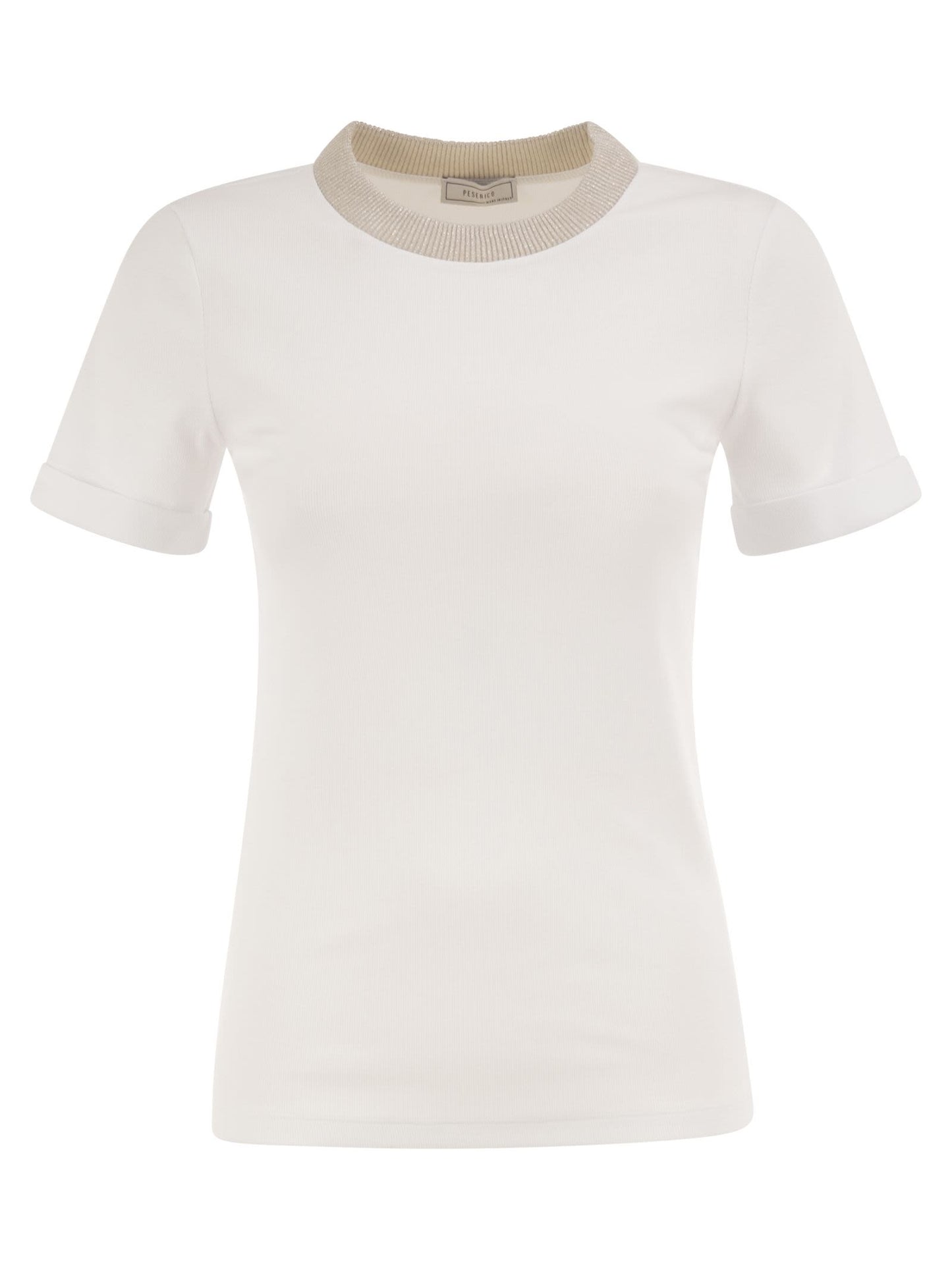 Peserico Women Stretch Cotton Jersey T-Shirt With Lamé Knit Neckline PESERICO