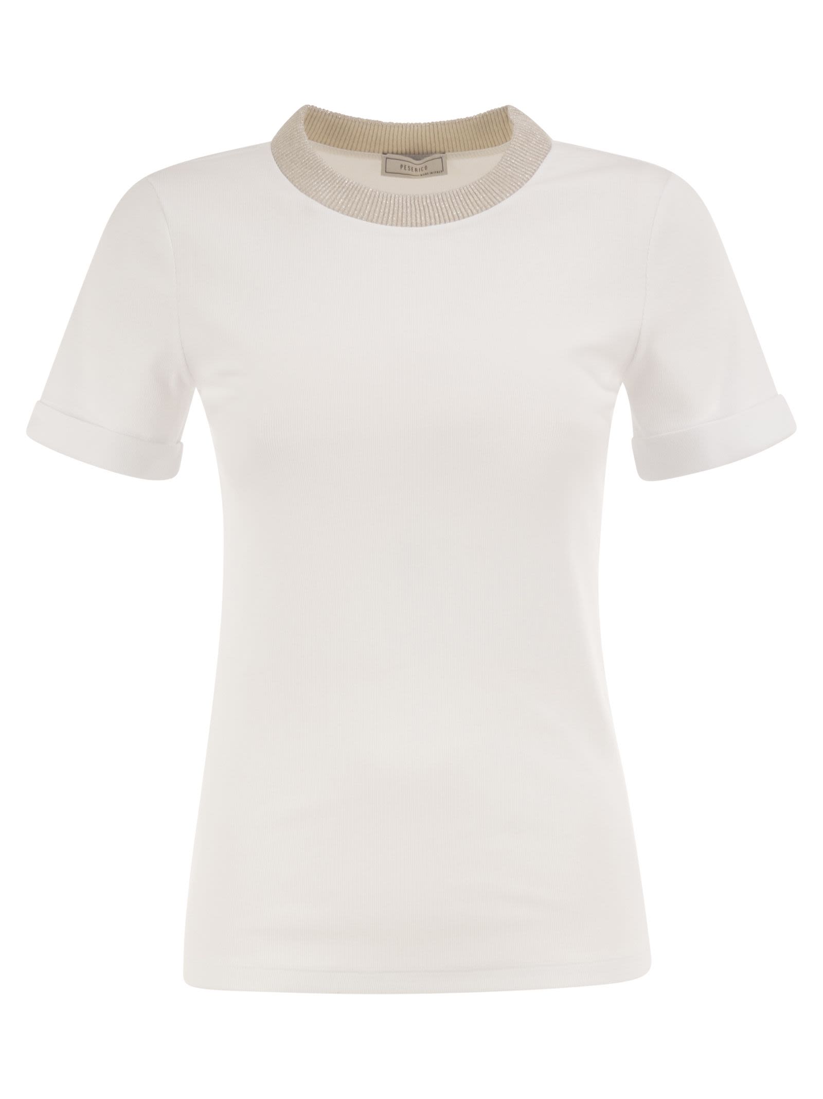 Peserico Women Stretch Cotton Jersey T-Shirt With Lamé Knit Neckline PESERICO