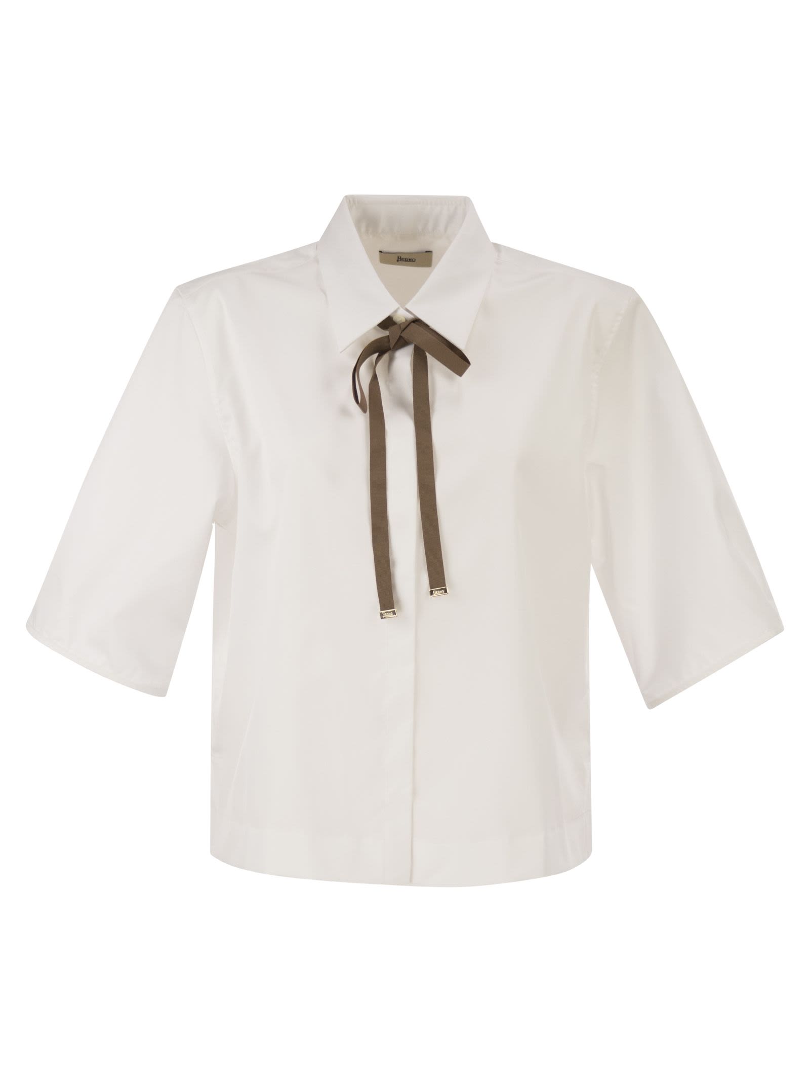Herno Women Cropped Cotton Shirt With Ribbon Bow HERNO