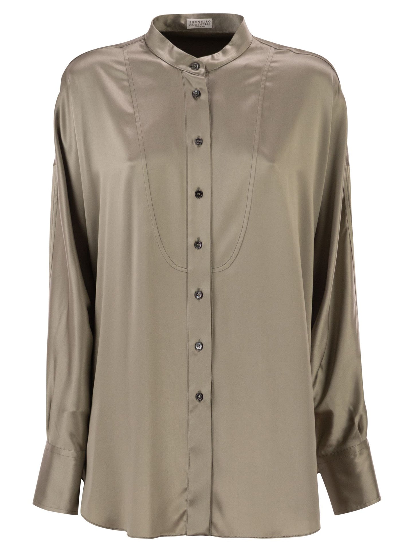 Brunello Cucinelli Women Stretch Silk Satin Mandarin Collar Shirt With Necklace BRUNELLO CUCINELLI